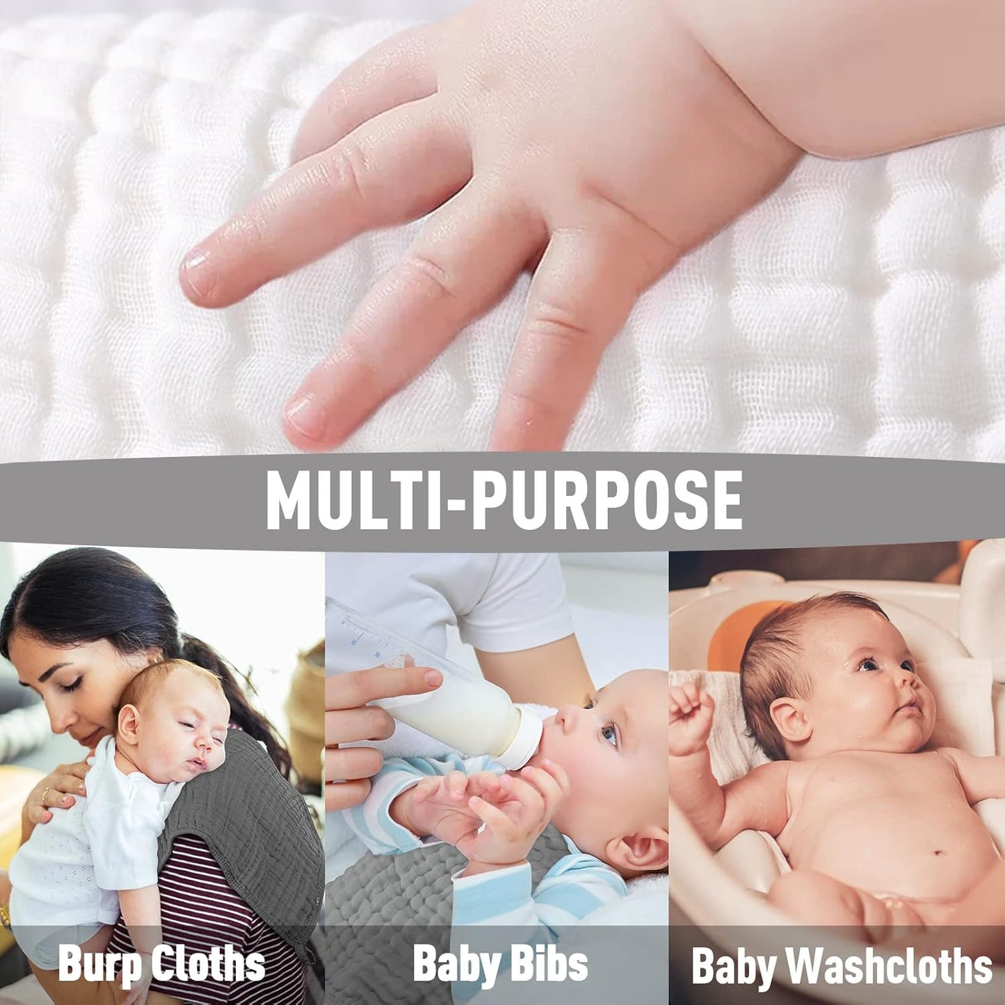 Yoofoss Muslin Burp Cloths for Baby 10 Pack 100% Cotton Baby Washcloths for Boys Girls Large 20''X10'' Super Soft and Absorbent Gradient Grey