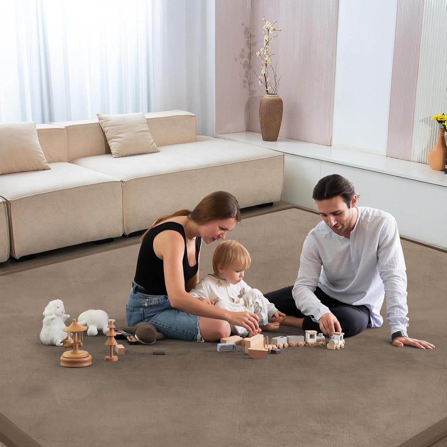 Baby Play Mat for Floor Tummy Time Mat Nursery Muscle Area Rug Playroom Rug Tatami 65"*50" Memory Foam 1.3" Thick Crawling for Babies,Toddlers, Infants, Kids,Floor(Brown)