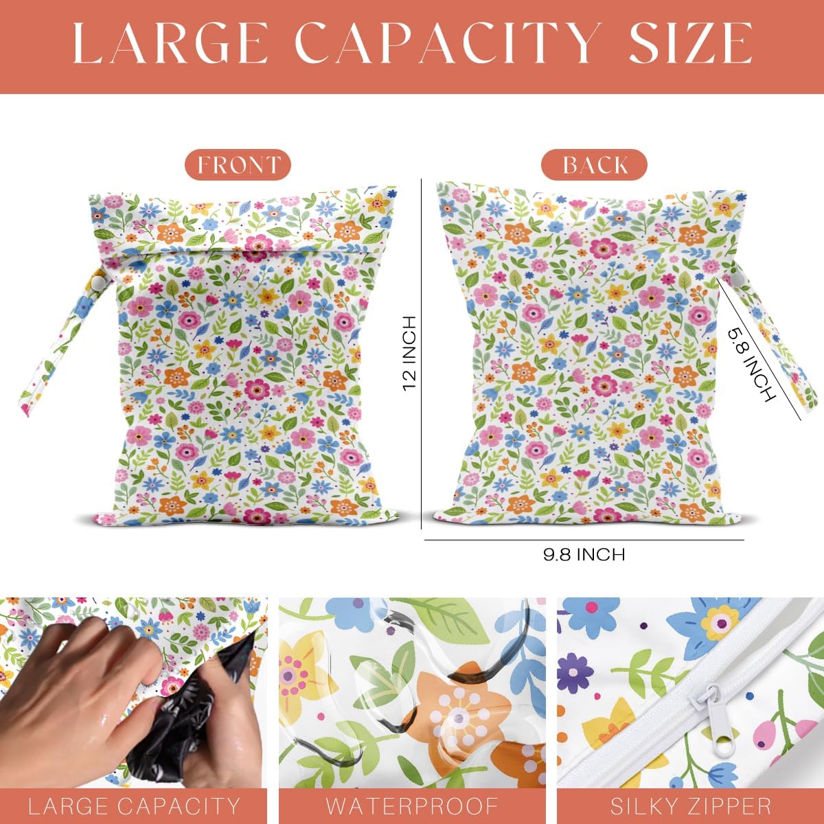 4 Pack Cute Wet Bag Waterproof Washable Reusable Wet Dry Bag for Swimsuit Dirty Clothes Diaper Travel Beach Pool Gym Party Birthday Camping Toiletries Beach Essentials，Colorful Floral Wildflower