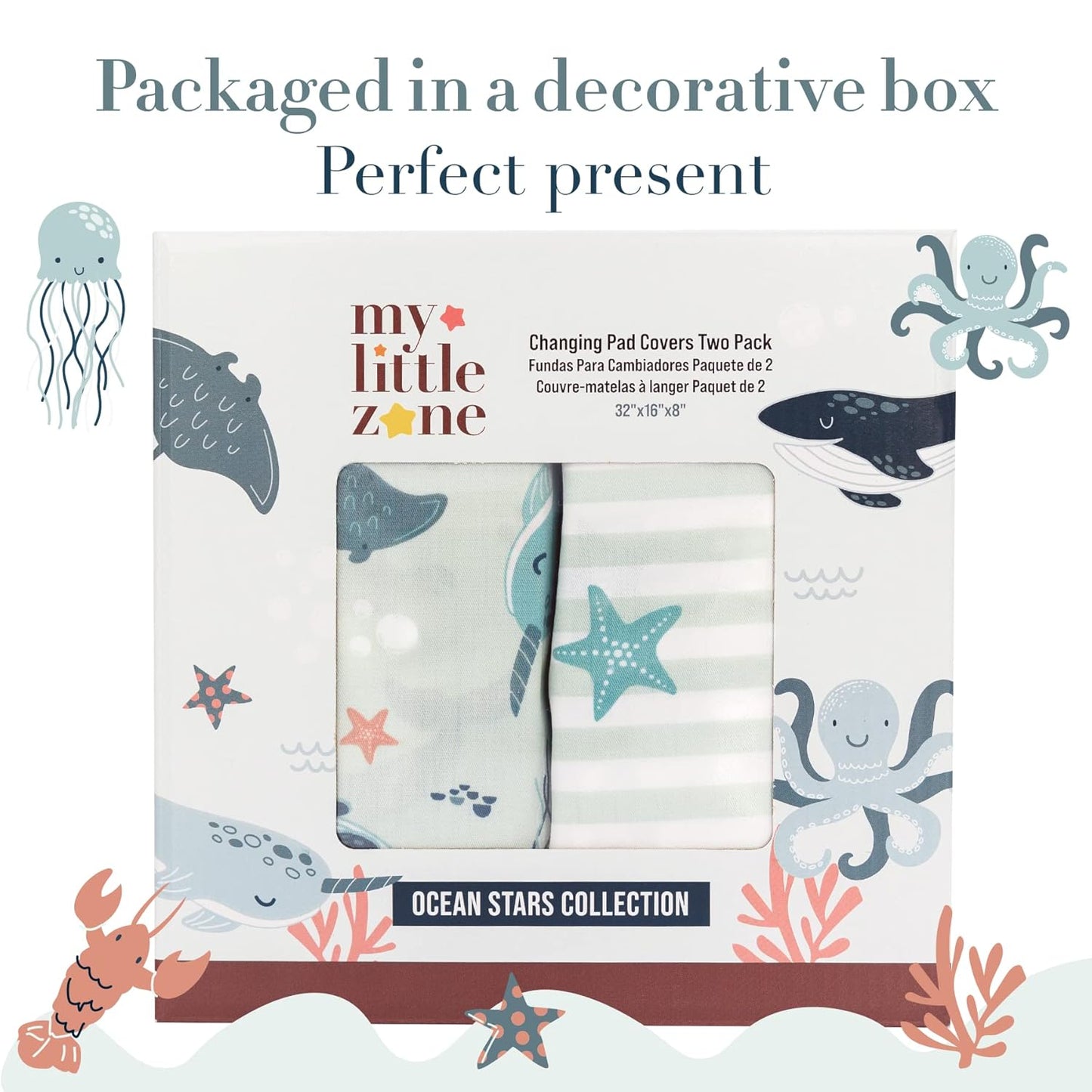 100% Cotton Changing Pad Cover for Baby Boys and Girls, Nautical - Breathable Bassinet, Mini Crib Mattress Fitted Sheets - Ocean Stars, 32"x16" with 8" Deep Pocket, Teal-White, 2 Pack