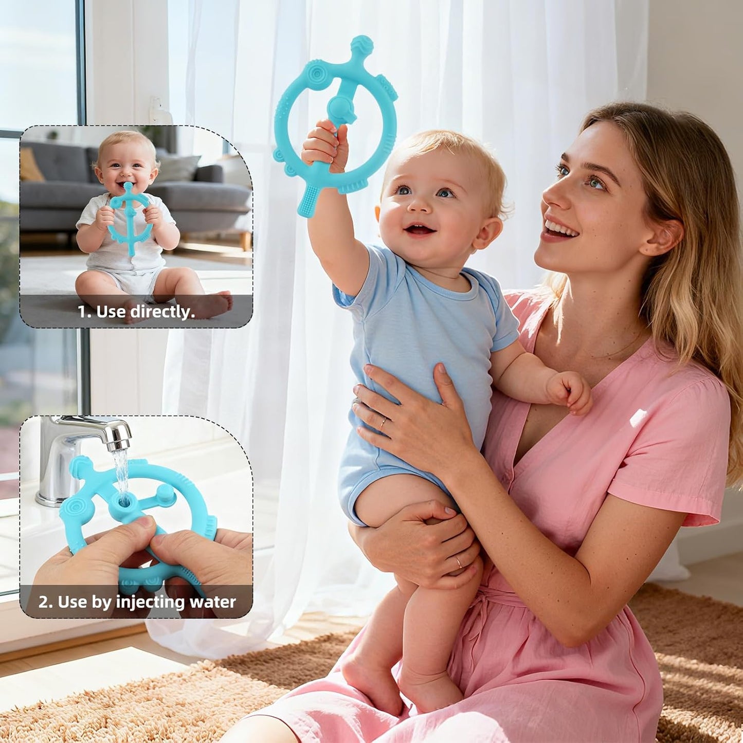 Chuya Baby Teething Ring Sticks with Easy-Hold Chew Toys Silicone Baby Teether Toy Sore Gums Teething Relief for 3-24 Months Babies Newborn 8 Massages Textures BPA Free