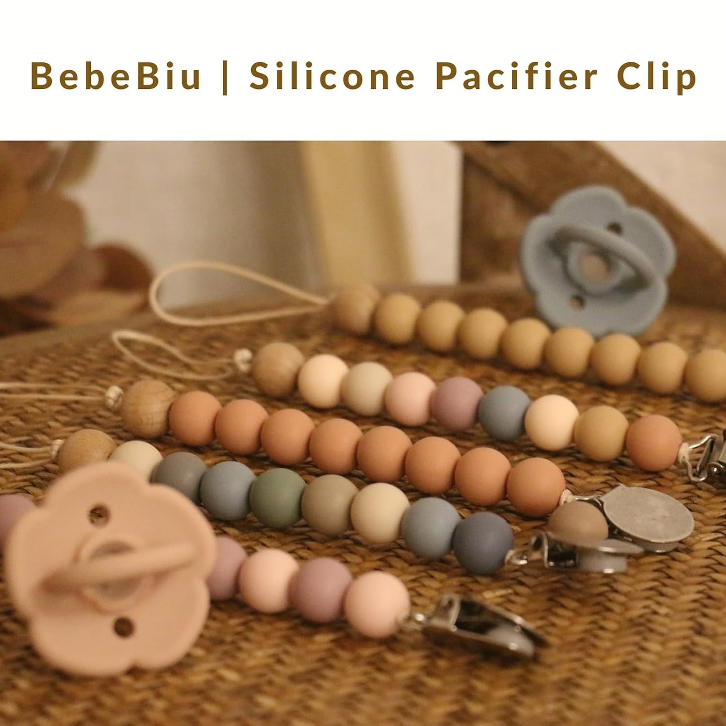 2 Pack Pacifier Clips, Silicone Pacifier Clip for Baby Boys and Girls, Baby Pacifier Strap with Silicone Beads, Soother Dummy Holder, Pacifier Holder, Keeps Pacifier Clean (Beau/Sage)