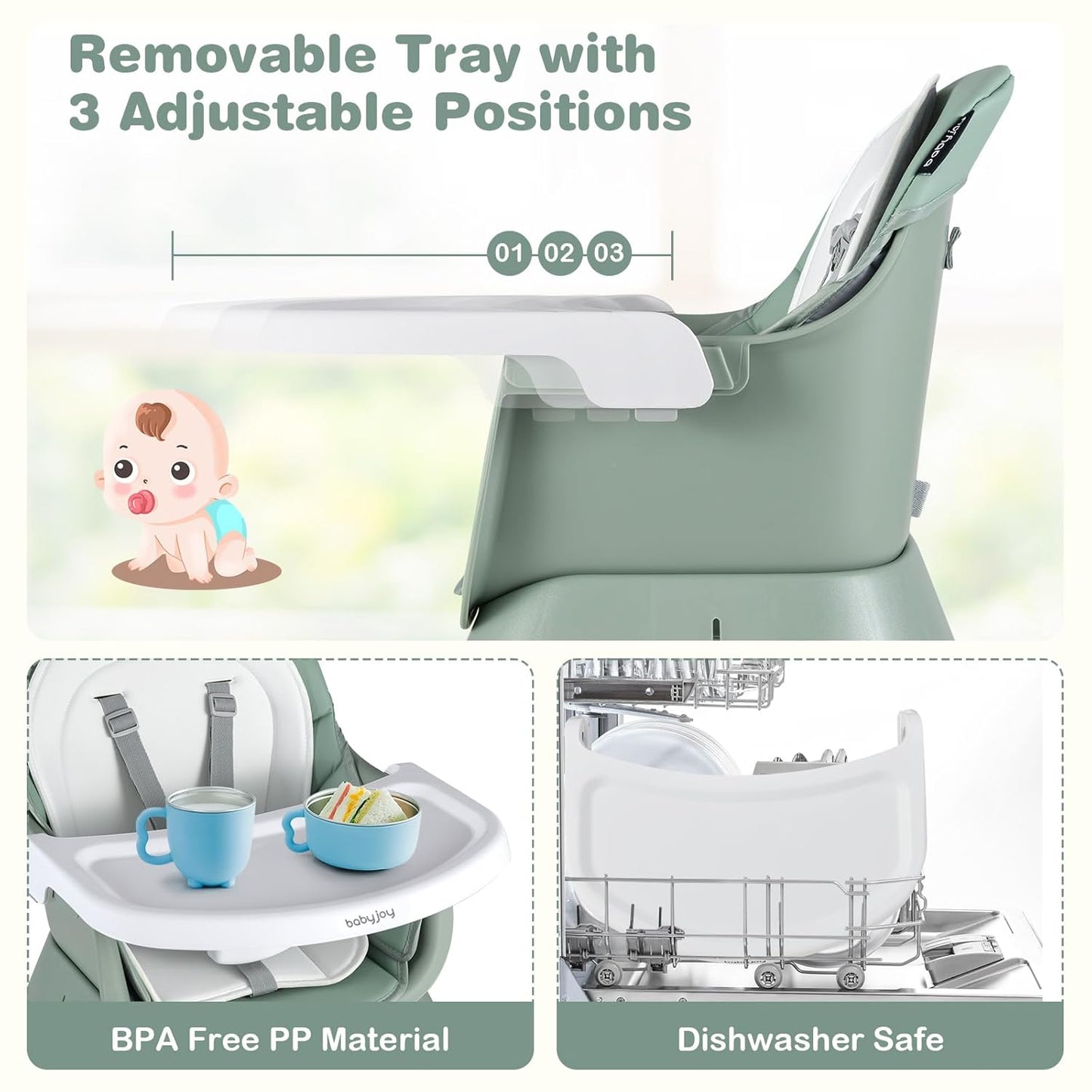 BABY JOY Baby High Chair, 8 in 1 Convertible Highchair for Babies & Toddlers | Booster Seat | Table and Chair Set | Building Block Table | Toddler Chair with Safety Harness, Removable Tray (Green)