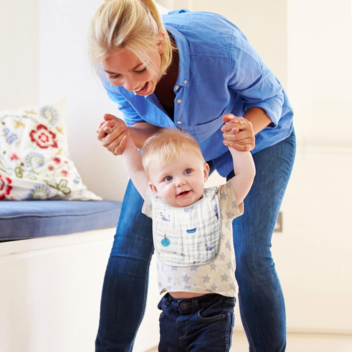 Zainpe 6Pcs Snap Muslin Cotton Baby Bibs Dinosaur Star Bear Pattern Bib, Adjustable Burp Cloths with 6 Absorbent & Soft Layers for Infants Newborns Toddlers Drooling Feeding Teething