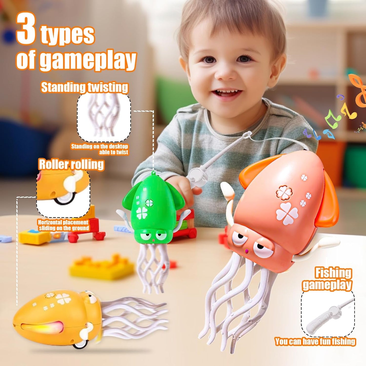 Dancing Octopus Toy Magic Electric Playful Tummy Time Toy, Auto Evasion Crawling Dancing Octopus with Fishing Rod for Baby Toddlers for 3 4 5 6 Year Old Kids Boy Girl Birthday Gifts (Cyan)