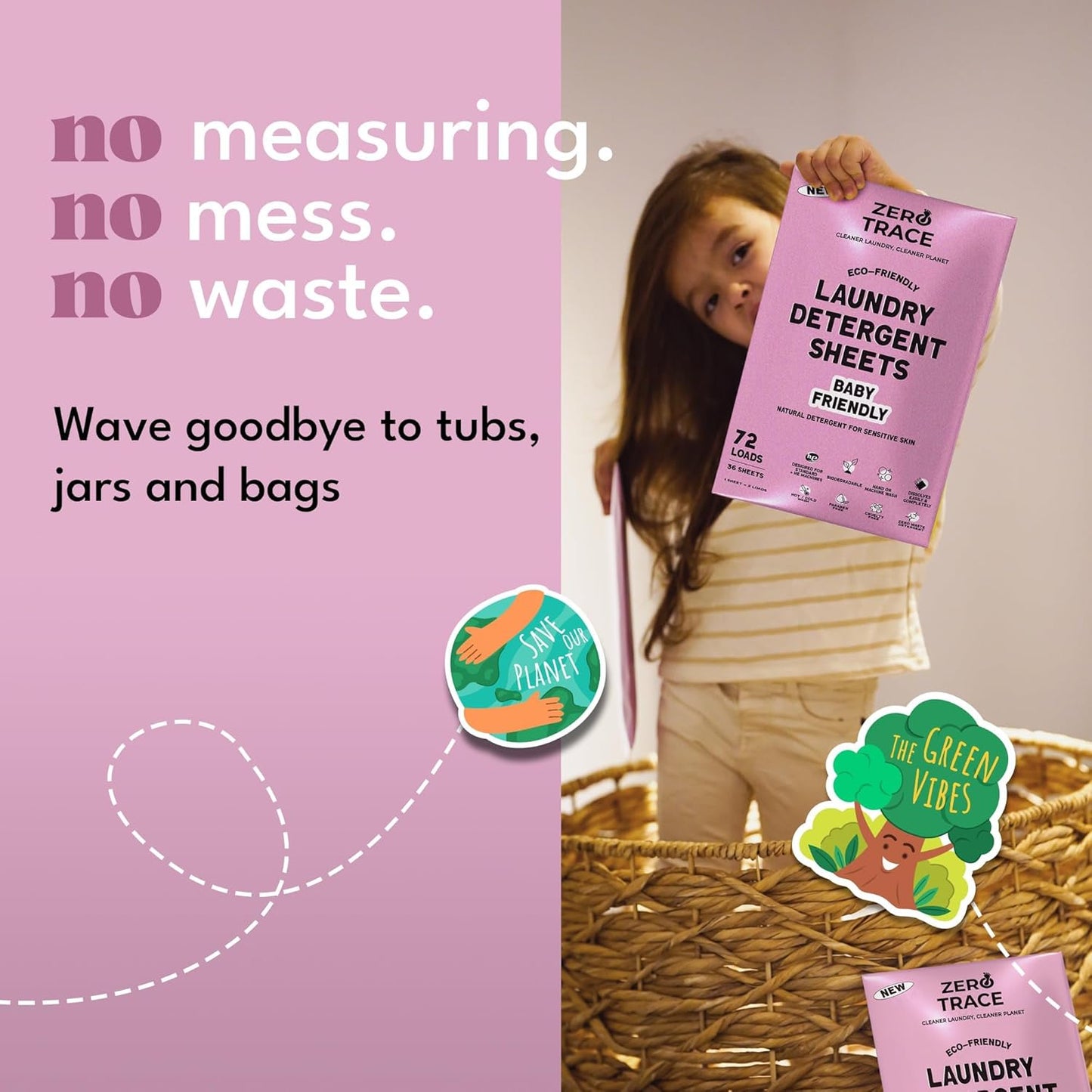 Zero Trace All Natural Baby Laundry Detergent Sheets - Powerful Eco-Friendly Travel Laundry Strips for Sensitive Skin (144 Loads 72 Sheets)