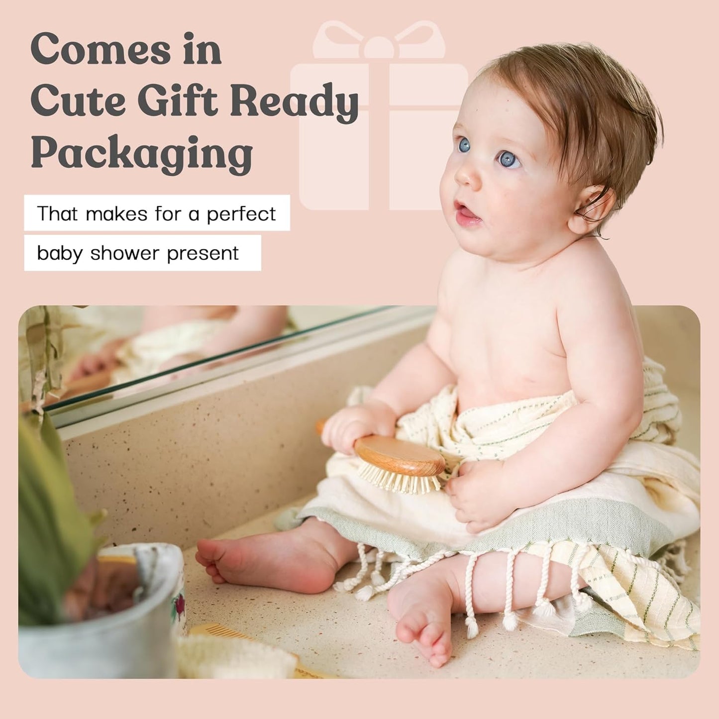 Ullabelle 4 Piece Wooden Baby Hair Brush and Comb Set for Newborns & Toddlers in Chic Gift Box - Ultra Soft Natural Goat Hair and Wood Baby Brush Set Prevents Cradle Cap - Perfect Registry Gift (Pink)