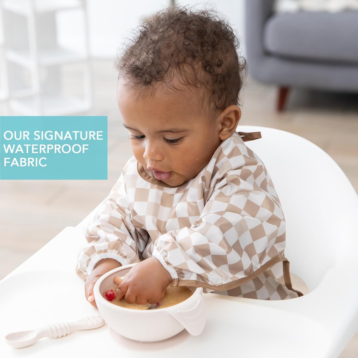 Bumkins - Sleeved Bib -For Boys & Girls, Babies & Toddlers 6-24 Months - Lightweight, Durable, Waterproof - Long Sleeve Bib - Catch-All Pocket - Wipeable & Machine Washable -Beige & Gray Check -2 Pack