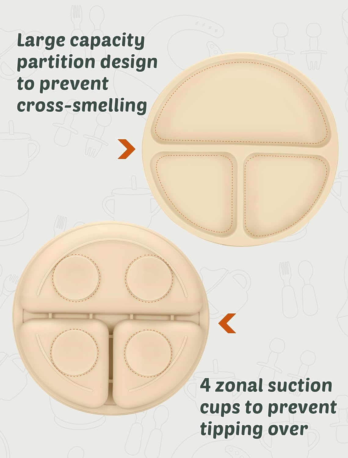 Silicone Baby Feeding Set 9 Pcs, Spill-Proof Suction Plate, Bowl, Bib, Silicone spoon&forks, Wooden Spoons&forks, Training cup with straw and Sippy Cup, Baby Eating Utensils (Beige)