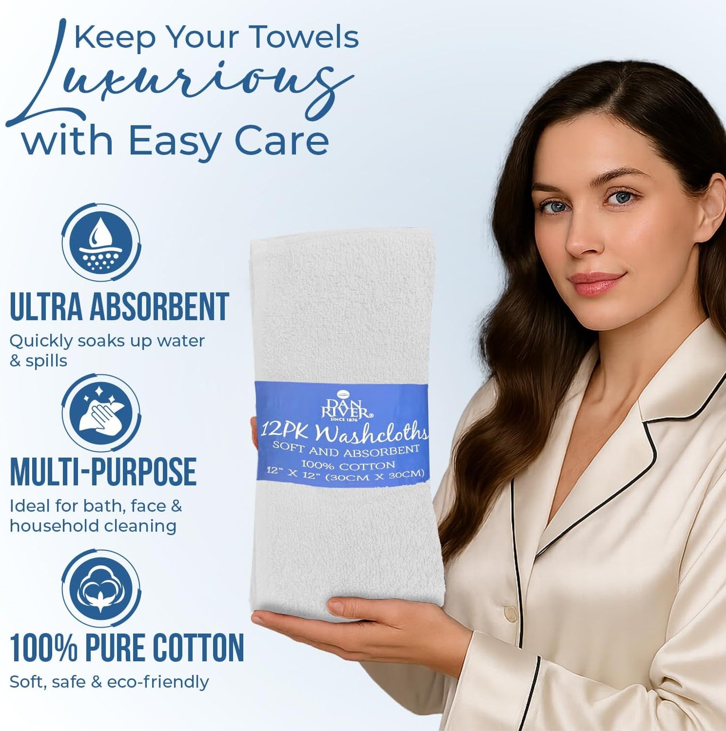 DAN RIVER 100% Cotton Wash Cloths 12 Pack [12x12] Soft & Absorbent wash Rags for Bathroom, Gym, Hotels & Spa Perfect for Everyday Use Fingertip Towels, White