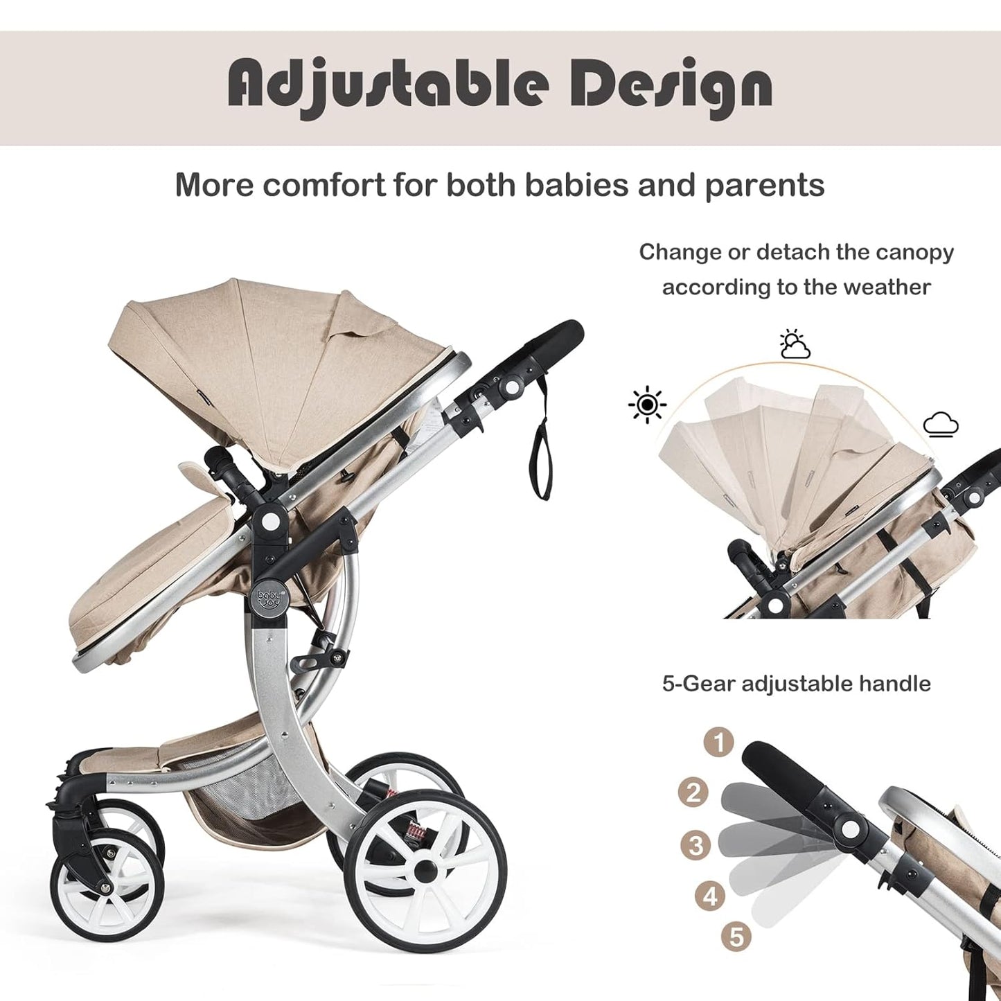 BABY JOY 2-in-1 High Landscape Baby Stroller, Reversible Bassinet Reclining Stroller, Foldable Push Chair w/Adjustable Canopy, Storage Bag, Foot Cover, Rain Cover & Net, Aluminum Alloy Frame (Beige)