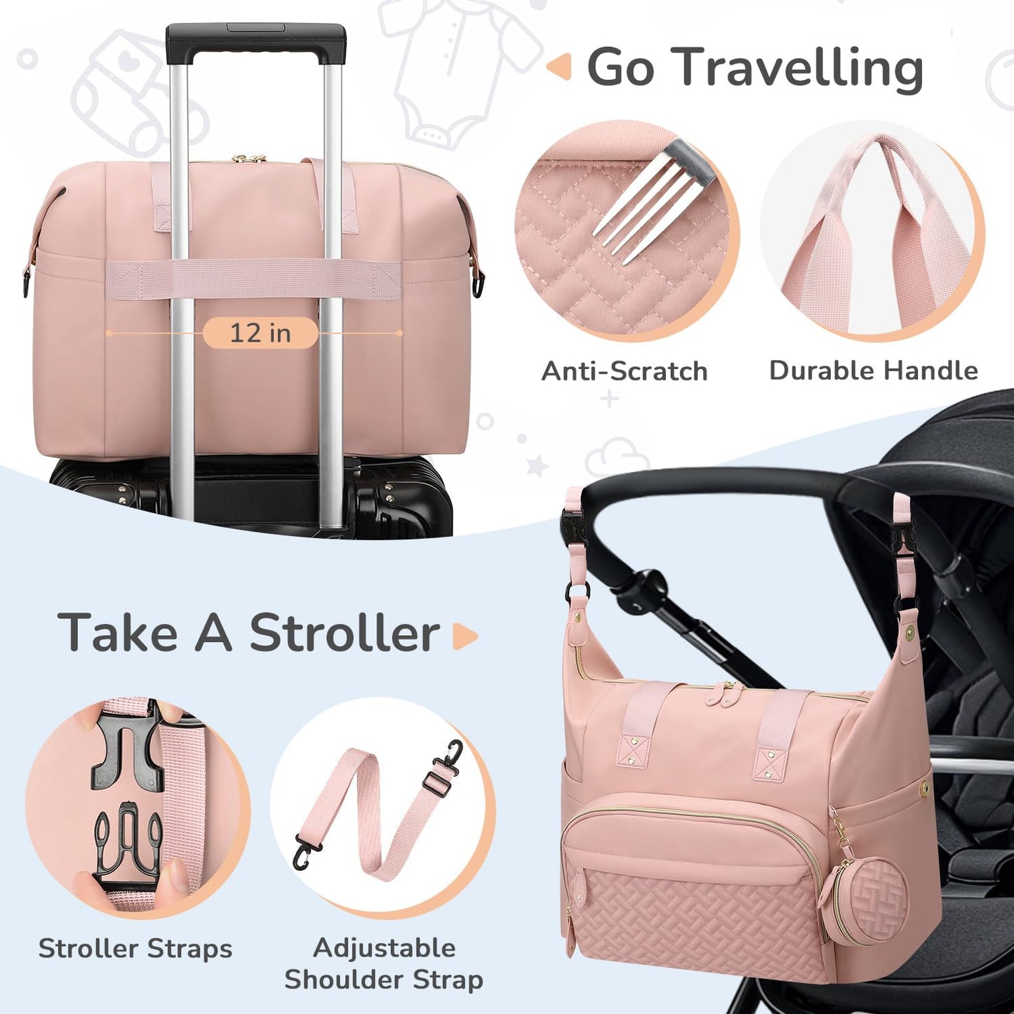 Diaper Bag Tote, Baby Bag Travel Diaper Tote Bag with Pacifier Case, Cute Maternity Hospital Baby Stylish Diaper Tote for Mom Dad Pink