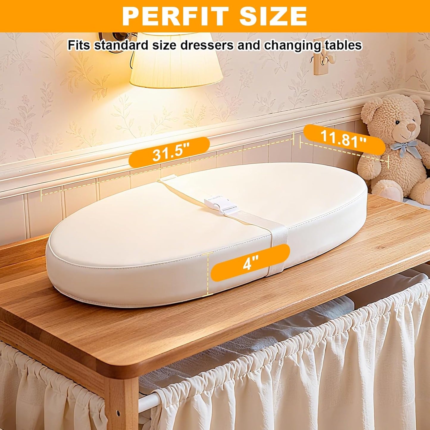 Baby Diaper Changing Pad, Wipeable Baby Changing Pad for Dresser, Contoured Waterproof Changing Pad with PU Cover, Non-Slip Safety Belt & Bottom, Portable, Lightweight