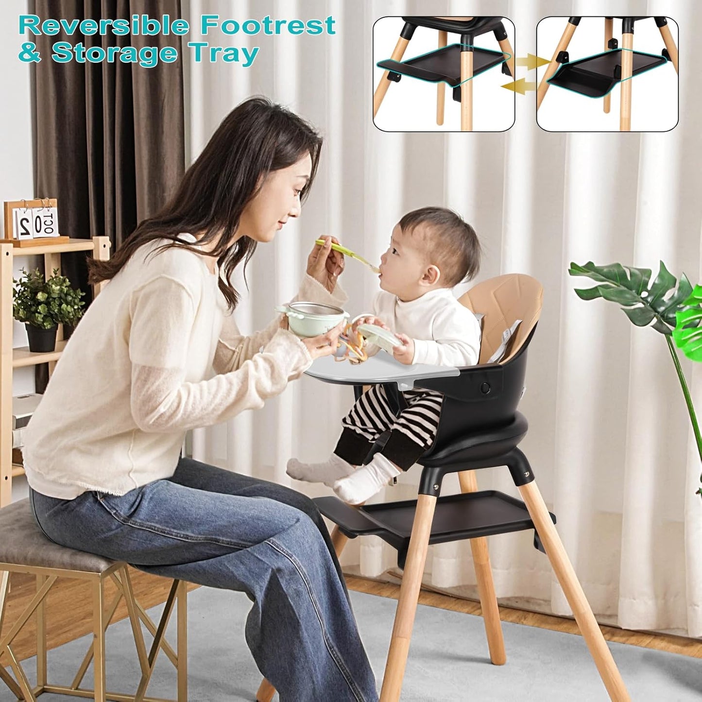 High Chair, 6 in 1 Wooden Convertible High Chairs for Babies and Toddlers, Booster Seat with Double Tray & Reversible Footrest Baby Highchair, 5-Point Harness Baby Feeding Chair, Black