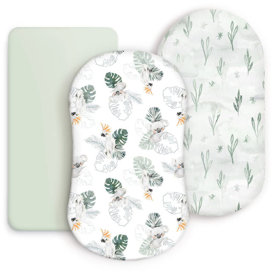 GRSSDER Stretch Ultra Soft Fitted Bassinet Sheets 3 Pack, Universal Fit for Bassinets Baby Cradle Moses Basket Oval Rectangle Mattress Safe and Snug, Stylish Watercolor Animals for Baby, Mint Green