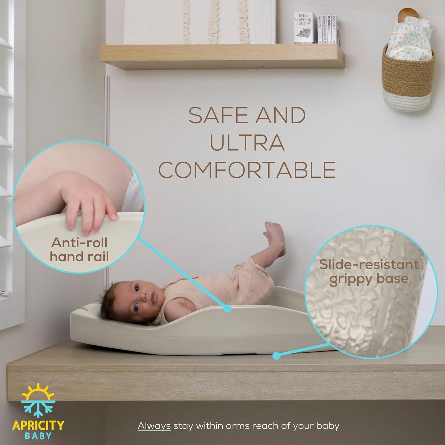 Apricity Baby Diaper Changing Pad – Waterproof Wipe-Clean Foam Changing Mat with Raised Sides, Non-Slip Base & Portable Design, Extra-Large 31.5” × 19.7” for Newborn to Toddler (Beige)