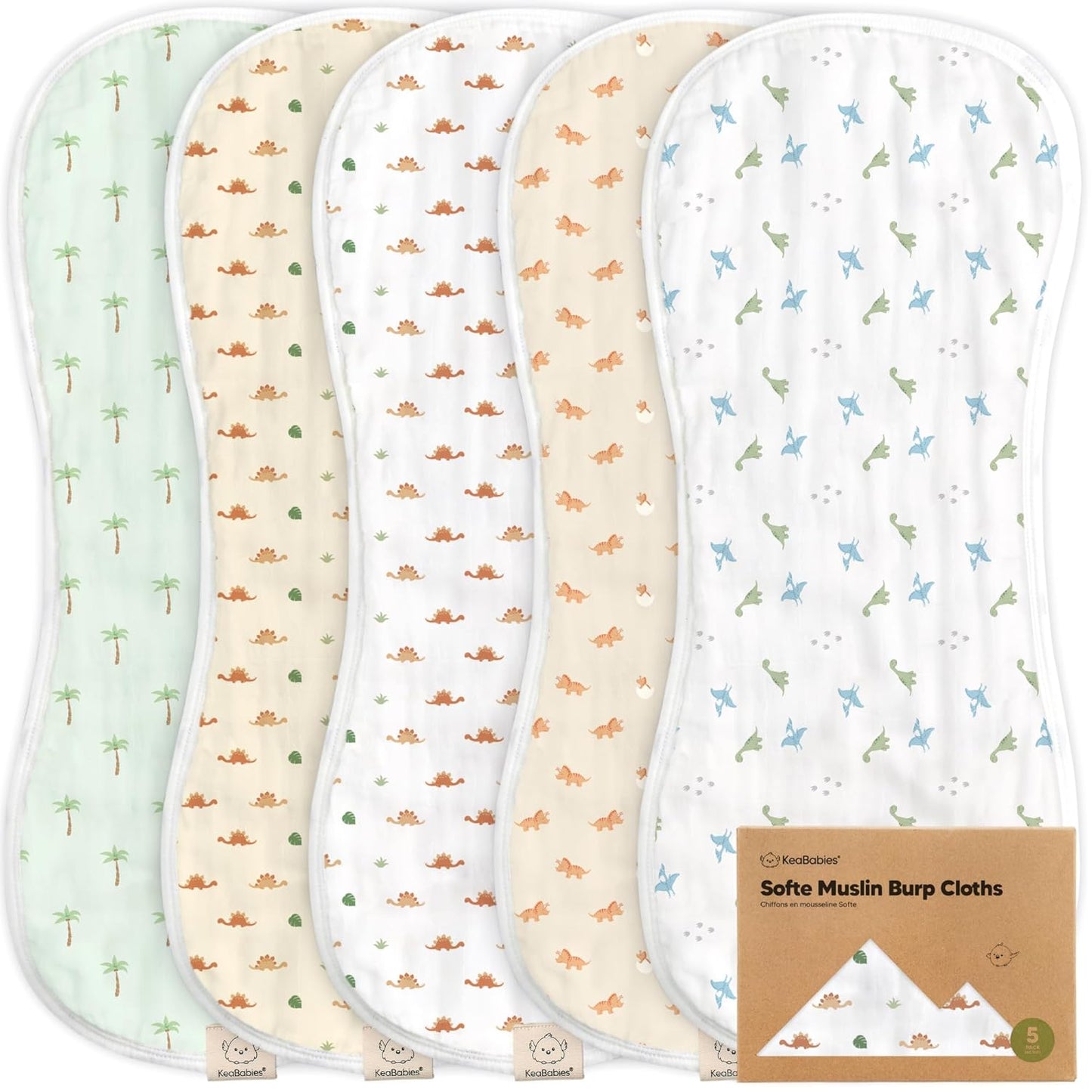 5-Pack Muslin Burp Cloths Baby Boy, Girl - Very Absorbent Baby Burp Cloth Rags, 8-Layers Viscose Derived from Bamboo Cotton Muslin Towel, Super Soft Spit Up Rags, No Shrink Washcloths (Roarsome)
