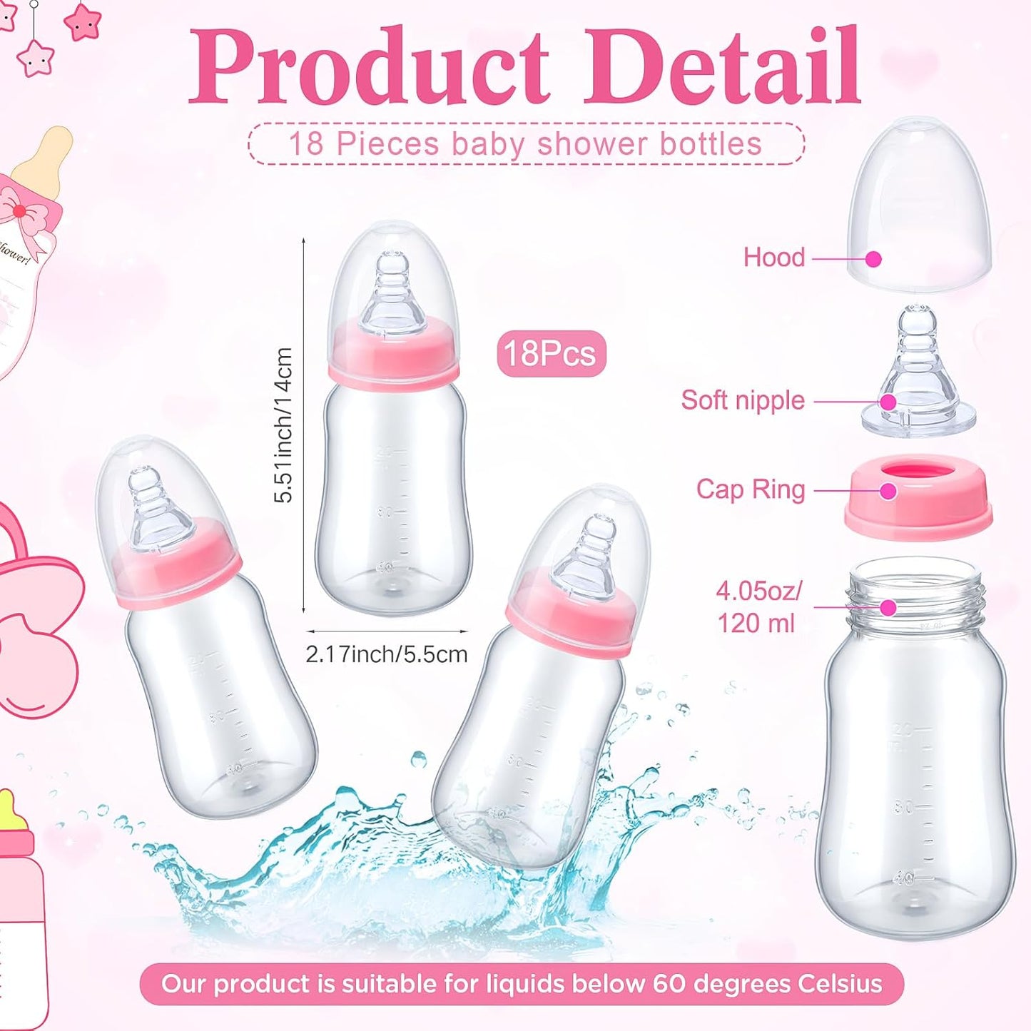 Roowest Bottle Chug Baby Shower Game Favors Including Pink Bear Theme Wooden Sign and 18 Pcs Baby Bottles for Gender Reveal Party Supplies