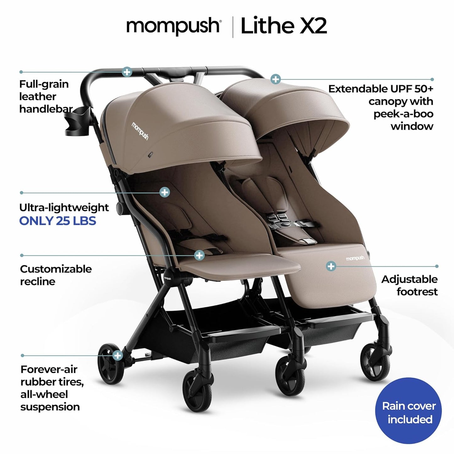 Mompush Lithe Double Stroller, Lightweight Side by Side Stroller for Newborn and Toddler, Easy Fold, Spacious Seats with Recline, UPF50+ Canopy