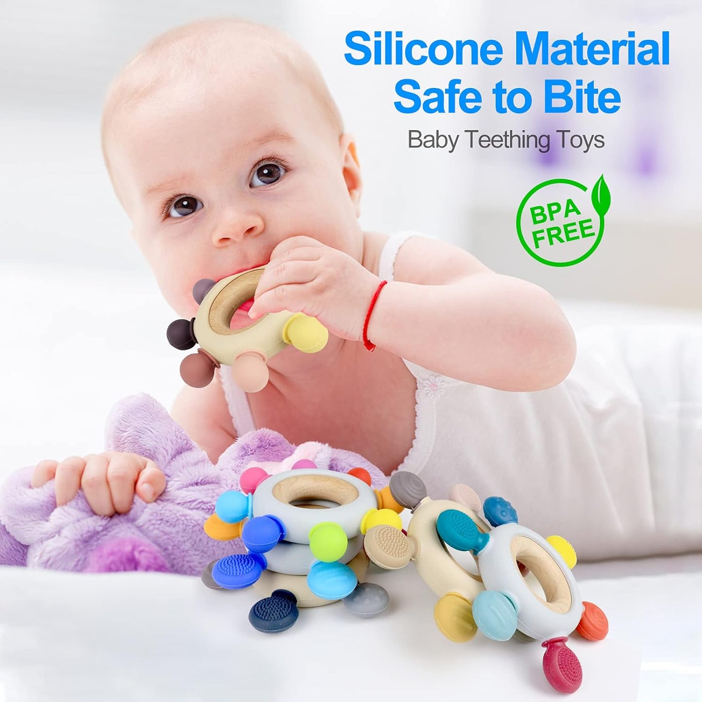 Baby Teething Toys Silicone Teethers BPA Free Silicone Rudder with Wooden Ring Soothe Babies Gums (8 Directions - Gray)