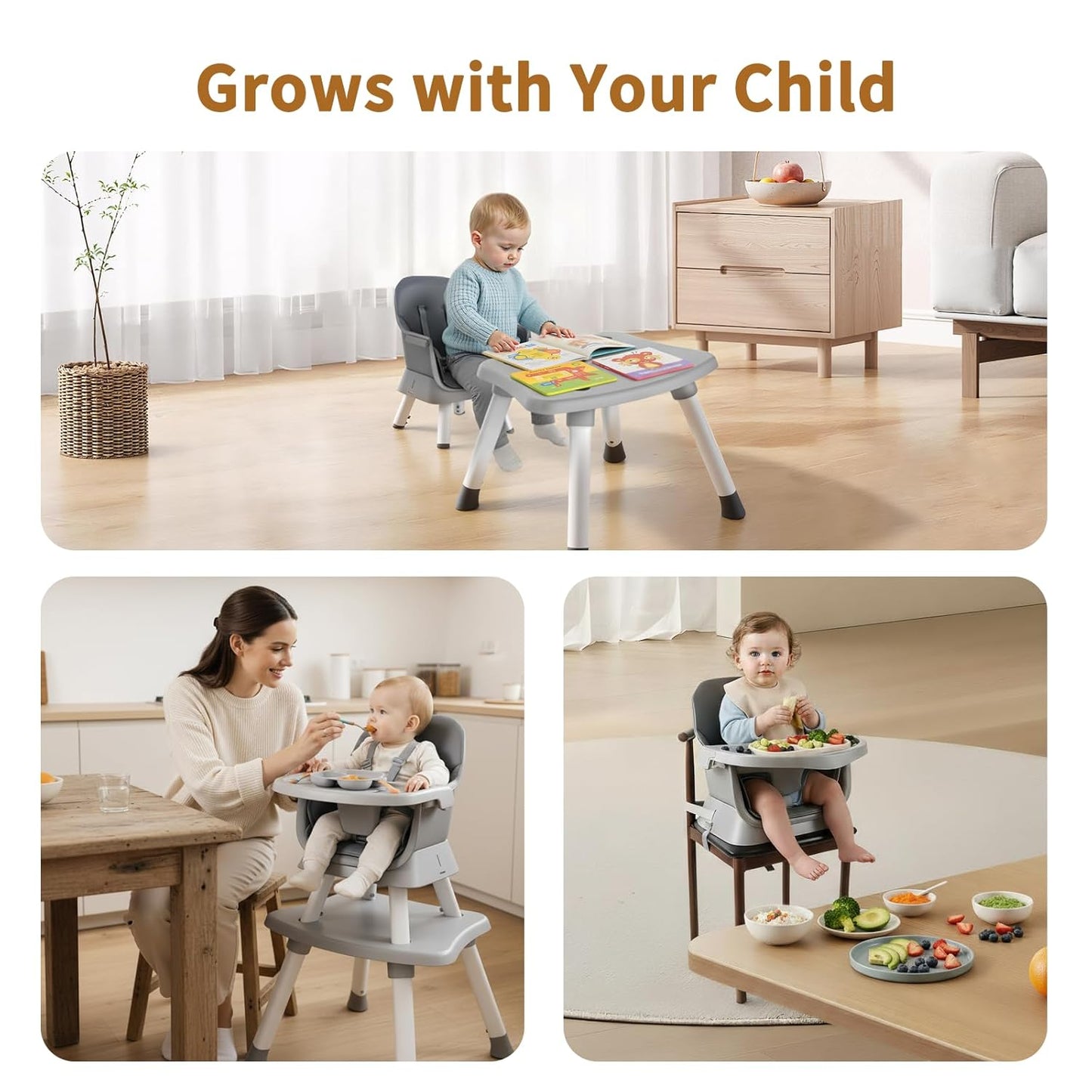 7 in 1 High Chair, Convertible High Chairs for Babies and Toddlers, Infant Dining Booster Seat, Table and Seat Set, Removable Tray, Gray