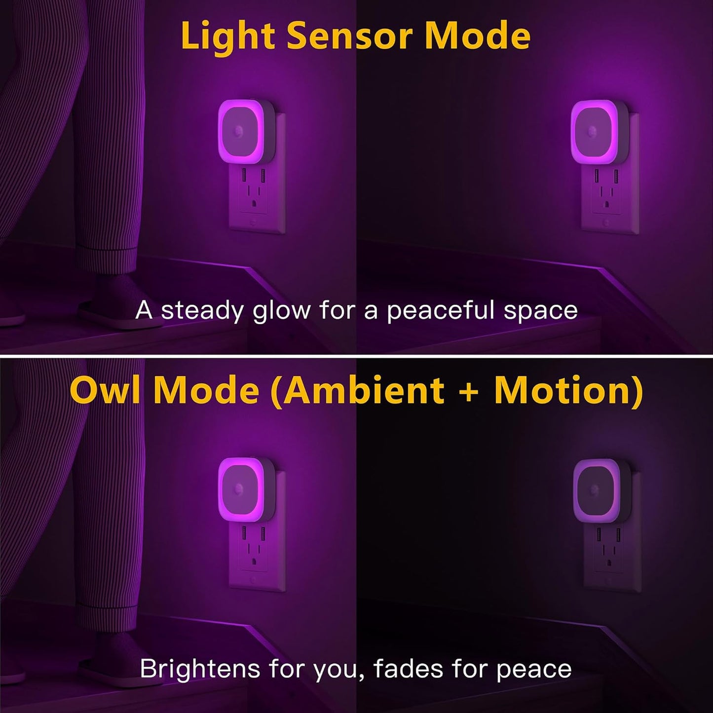 2 Pack Plug in Night Light with Motion Sensor & Dusk to Dawn Sensor, 3 Sensor Modes, Purple Night Lights Plug into Wall, Dimmable Calming Glow for Meditation, Relaxation, Bathroom, Bedroom