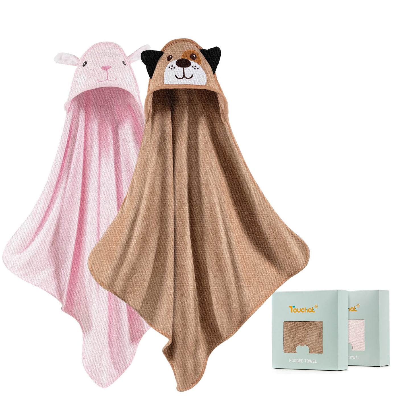 Touchat Hooded Baby Towels, Toddler Baby Bath Towels for Boy Girl 0-5 Year, 2-Pack Soft Absorbent Towels with Hood, Large Towel Set for Babies, Infant, Newborn Essential