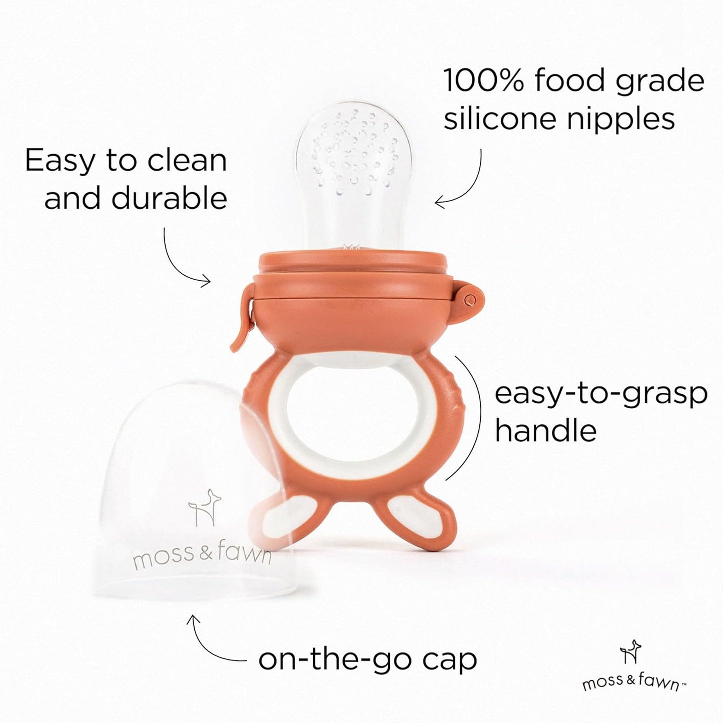 Moss and Fawn Little Explorer Kit - Silicone Frozen Breast Milk Popsicle Kit with Forage Feeder, Teething Popsicle Ice Cube Tray, & Gather & Roll Baby Feeding Bib - BPA, PVC, & Lead-Free - Terracotta