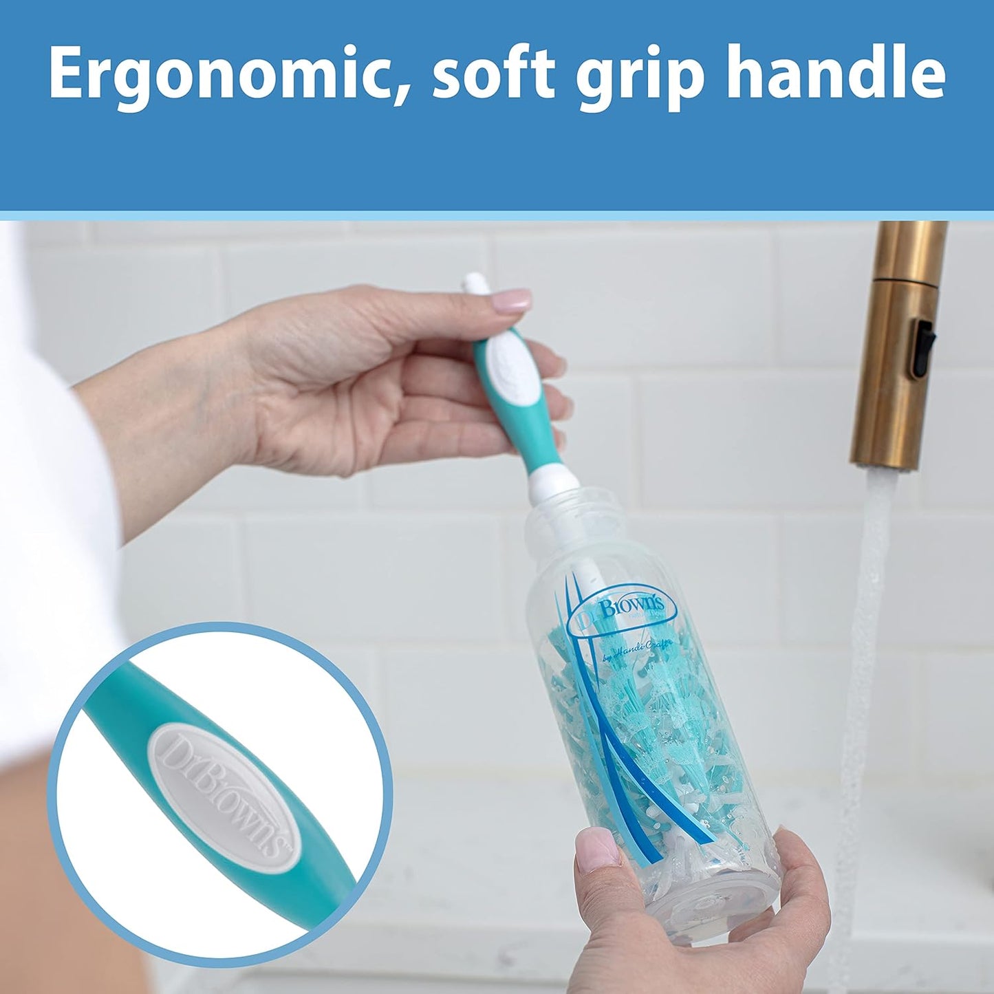 Dr. Brown's Deluxe Baby Bottle Brush with Anti-Colic Vent Cleaning Brush, Soft and Sturdy Bristles, BPA Free, Blue, 3 Pack