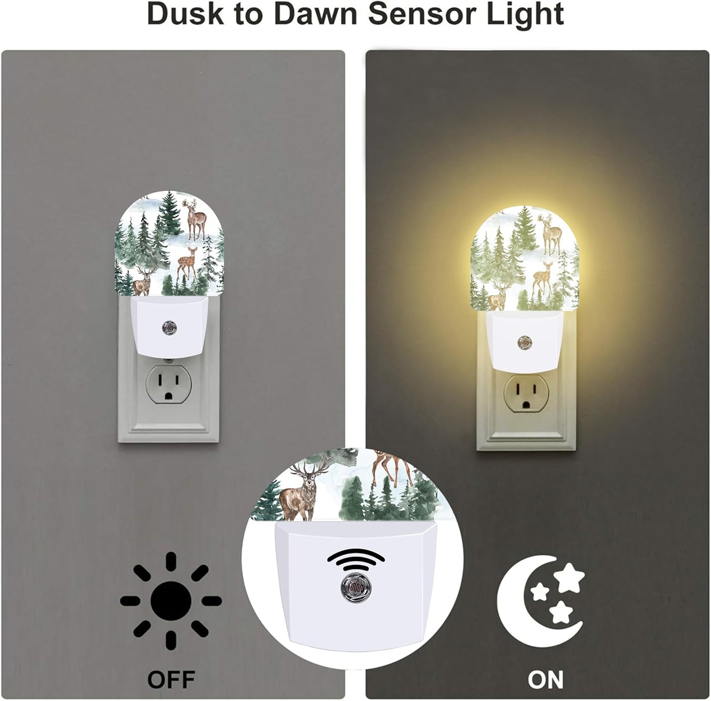 Winter Deer and Snowy Forest Night Light for Kids,Christmas Pine Trees Deer Night Light Plug in with Dusk to Dawn Sensor,0.5w Energy Saving Nightlight for Hallway Stairway Kitchen Bedroom