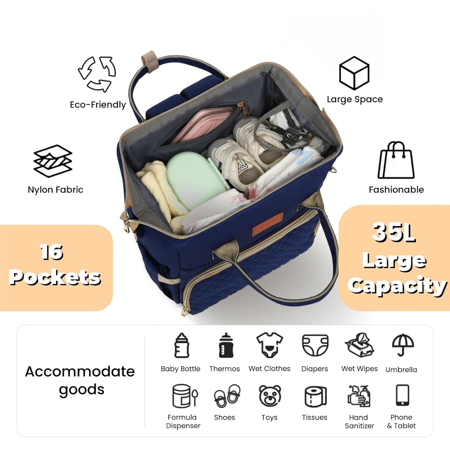 Diaper Bag Backpack with Changing Pad, Pacifier Case, Baby Bag for Boy Girl Toddler - Large, Stylish, Waterproof Travel Quilted Diaper Bag for Mom - Baby Shower - Navy Blue