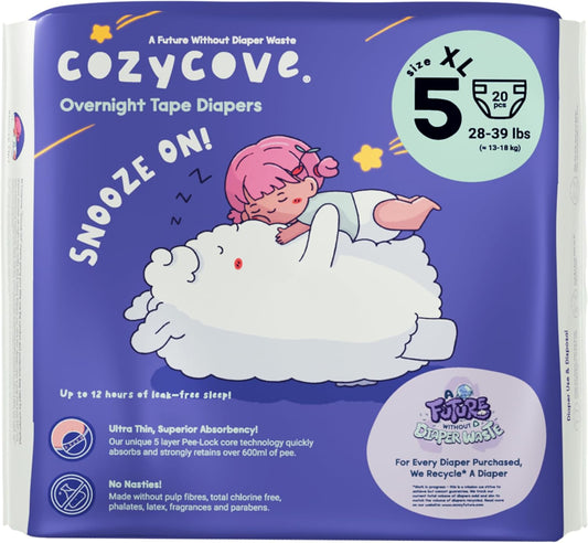 Cozycove Size 5 Diapers, Snooze On Slim Overnight Tape Diapers, Size 5 (28-39 lbs), 1 Pack of 20 Count