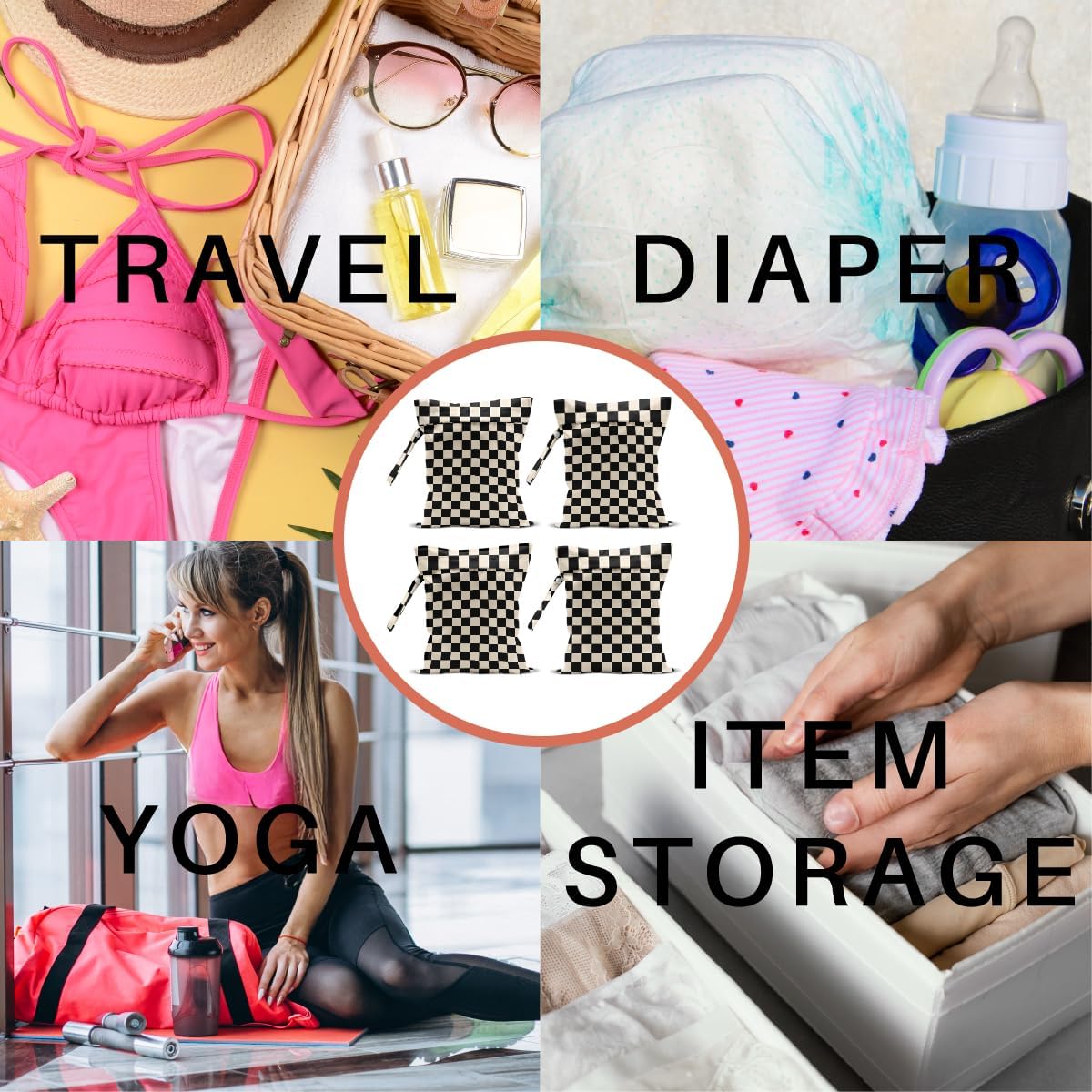 4 Pack Cute Wet Bag Waterproof Washable Reusable Wet Dry Bag for Swimsuit Clothes Cloth Diaper Travel Beach Pool Yoga Gym Halloween Party Camping Toiletries Travel Beach Essentials, Black Checkered
