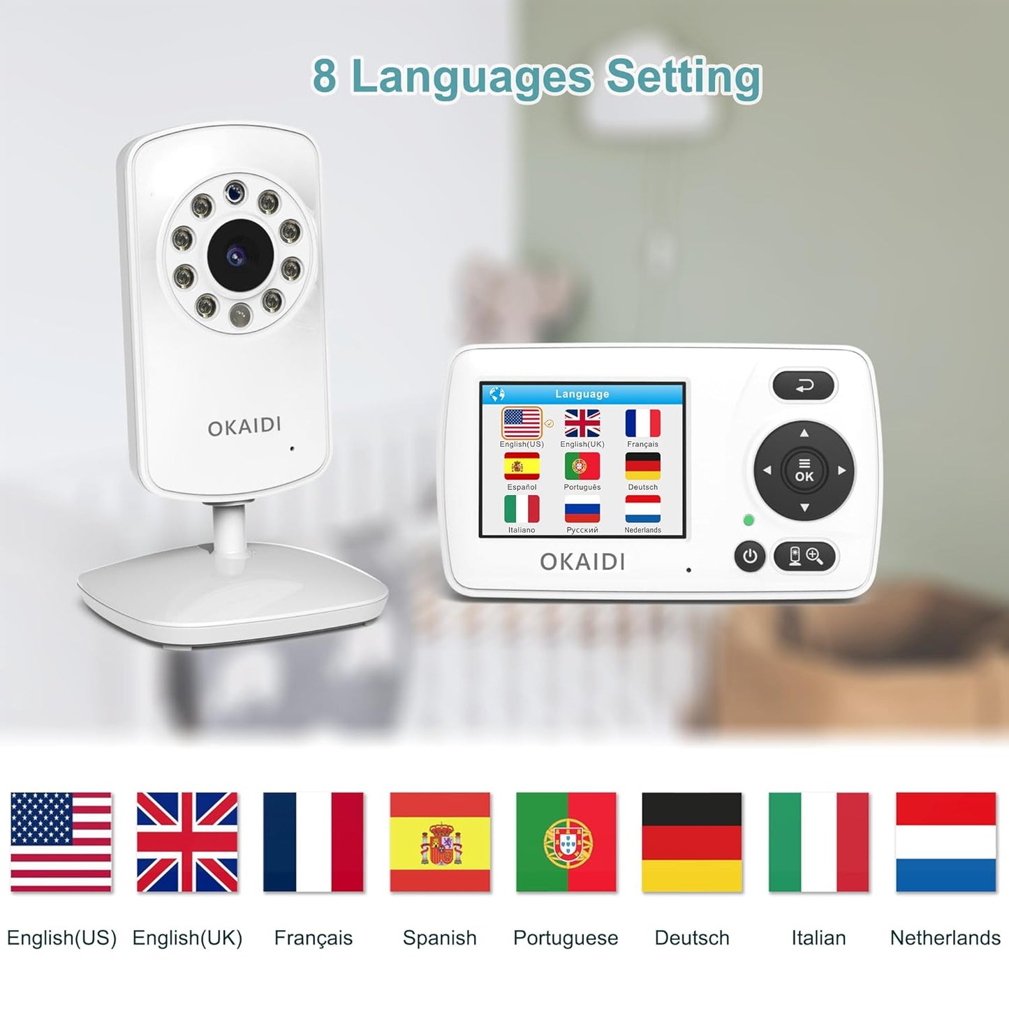 OKAIDI Video Baby Monitor with 2 Cameras, 2.4'' Portable Travel Screen, 1000ft Long Range Transmission, Baby Monitor No WiFi, Infrared Night Vision, VOX Mode