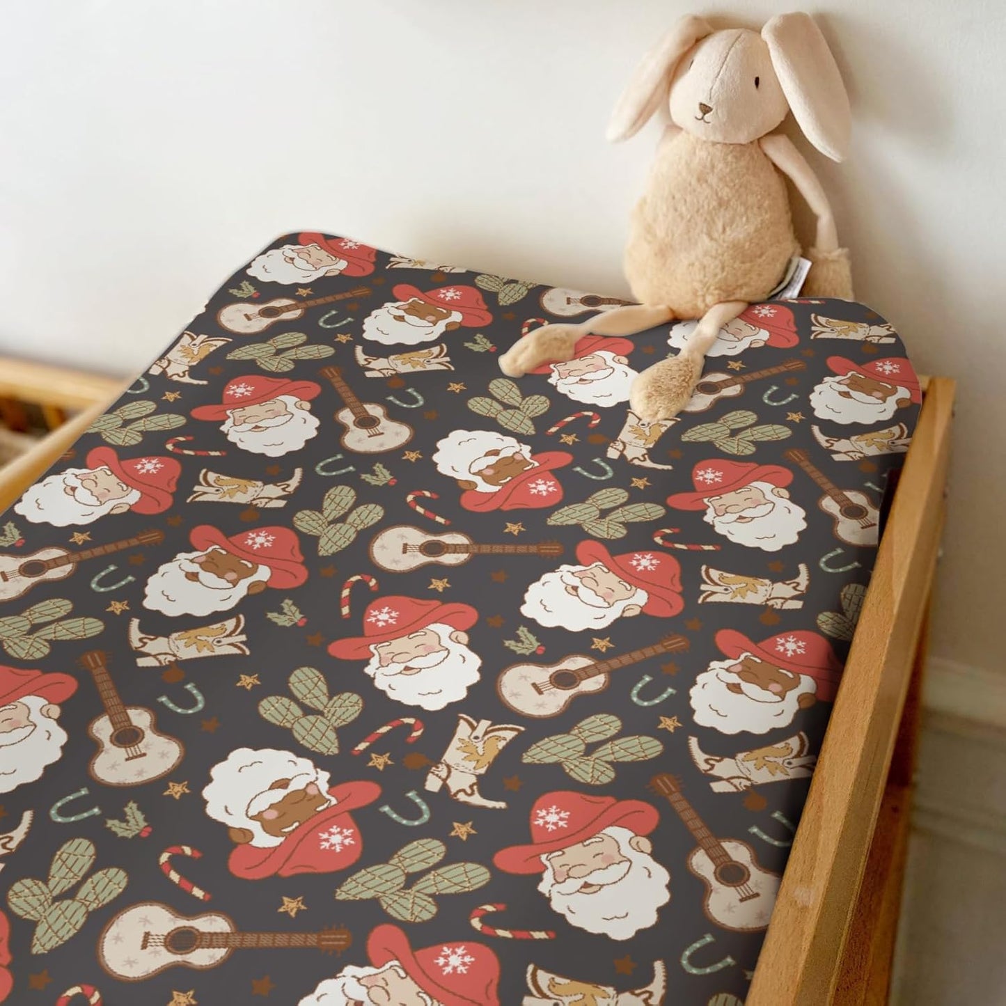 Christmas Western Cowboy Santa Baby Changing Pad Covers for Boy Girl Country Santa Cactus Boots Guitar Fitted Changing Table Mats Winter Holiday Festive Soft Diaper Change Table Sheets 32''×16''