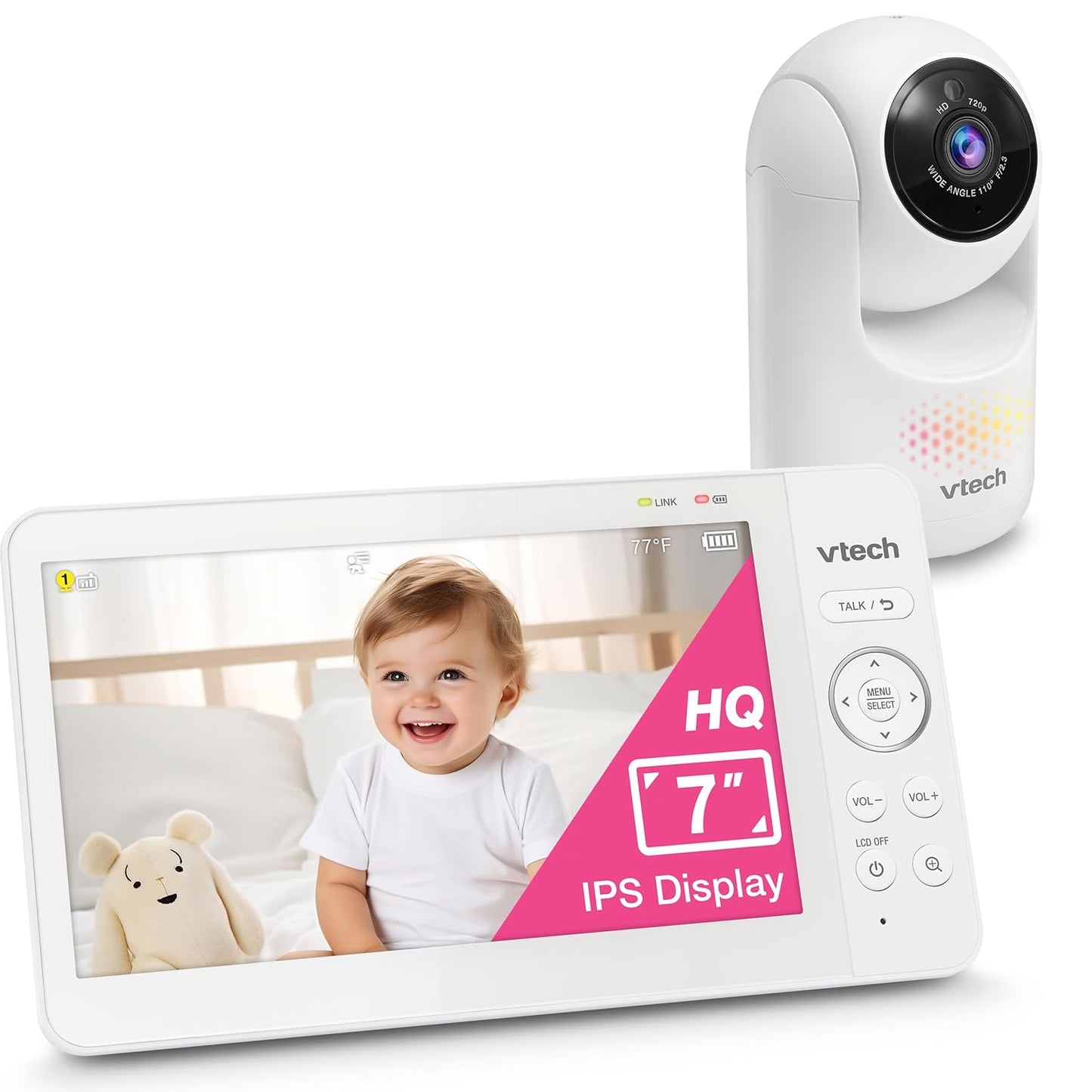 VTech 7" Baby Monitor with IPS Screen, Pan Tilt Zoom Camera, No WiFi Video Baby Monitor with Camera and Audio, Multi-Color Night Light, 2-Way Talk, Lullabies, Advanced HQ Max