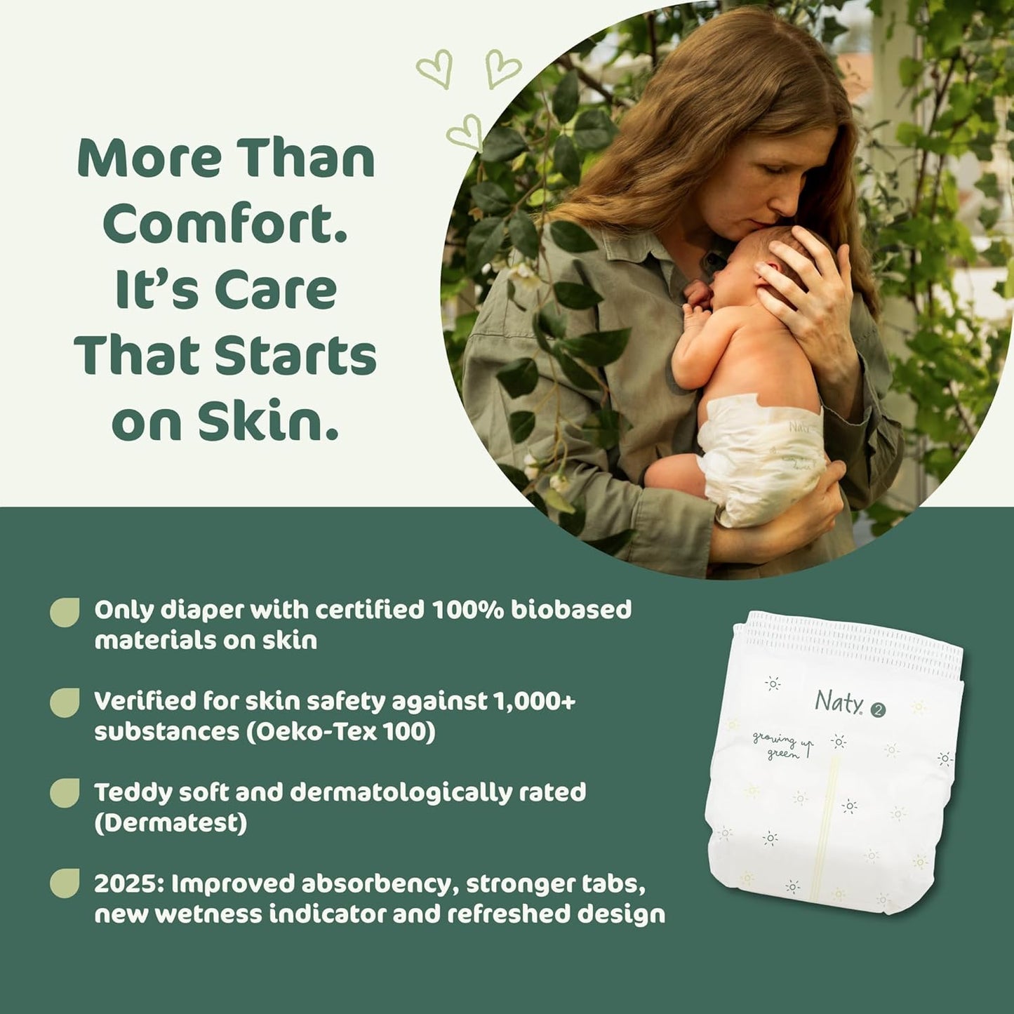 Naty BioEmbrace Baby Newborn Diapers Size 2 (6–13 lbs) | 100% Biobased on Skin | Plant-Based Softness | Dermatologically Tested, Super Absorbent | 132 Count