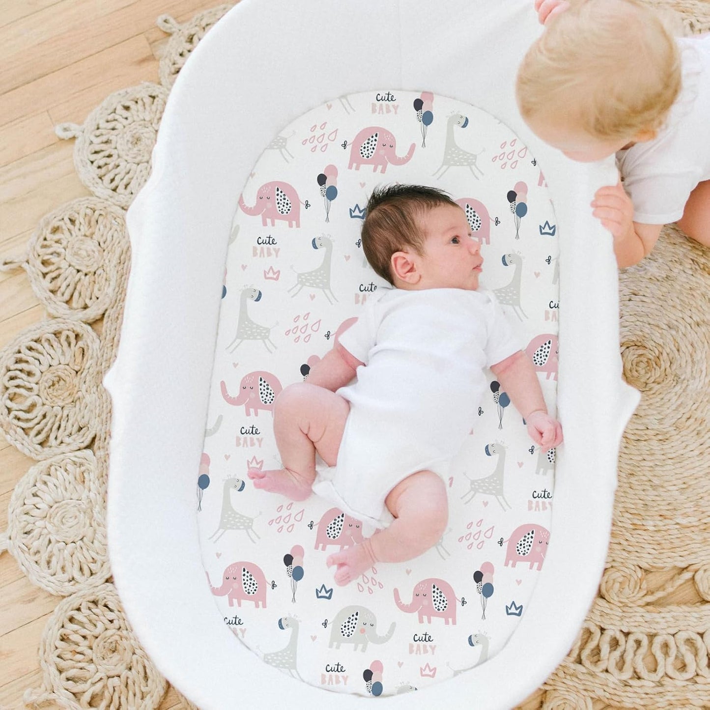 Stretch Fitted Bassinet Sheet Set BROLEX 2 Pack Cradle Sheets for Bassinet Pad/Mattress,Unisex Boys Girls,Ultra Soft,Elephant Rabbit