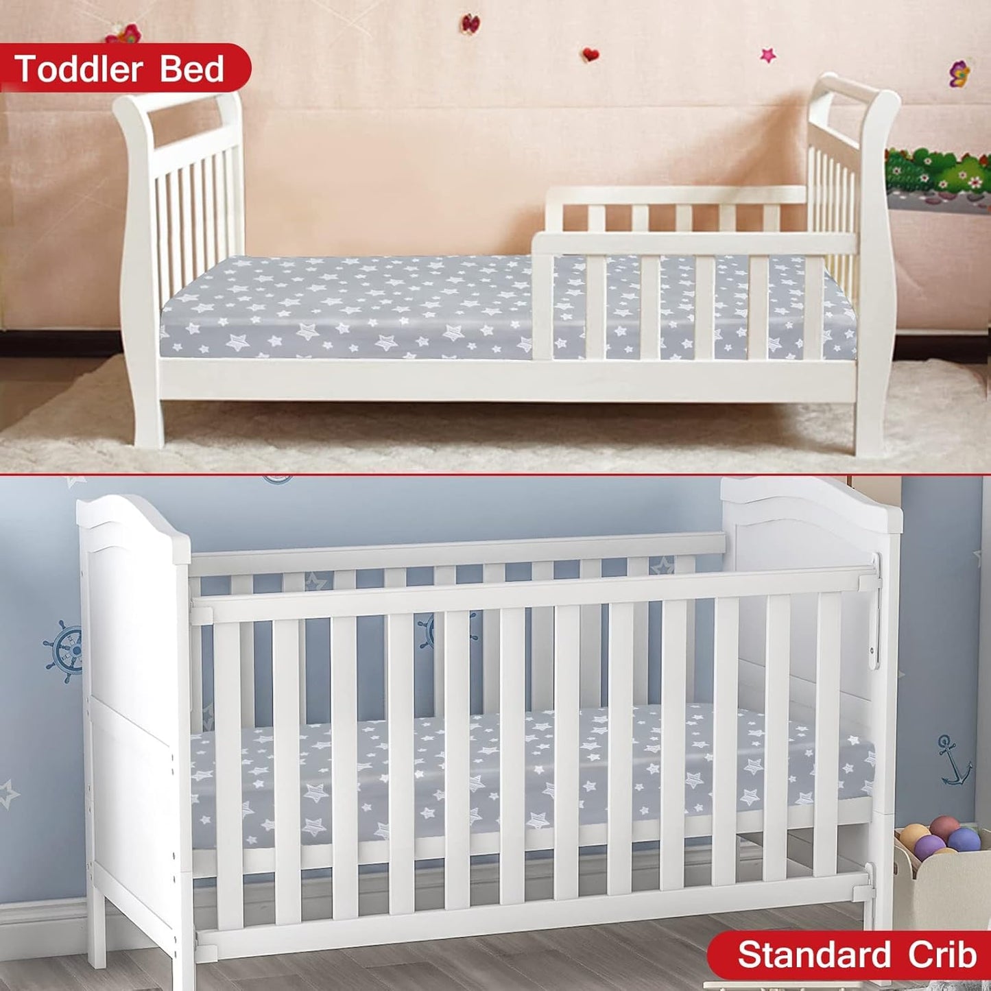 Crib Sheets for Girls 2 Pack, Fitted Crib Sheet for Standard Size Crib and Toddler Mattresses, Soft and Breathable Material, Grey & Pink