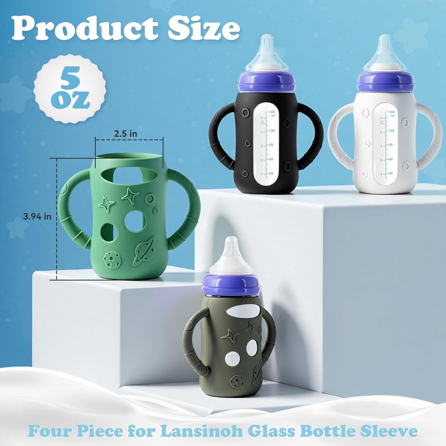 4-Pack Silicone Sleeves for Lansinoh Glass Bottles 5 oz-Starry Sky Design Baby Bottle Holder with Handles,Protectors for Lansinoh Natural Wave Glass Bottles, Anti-Scald Feeding Supplies