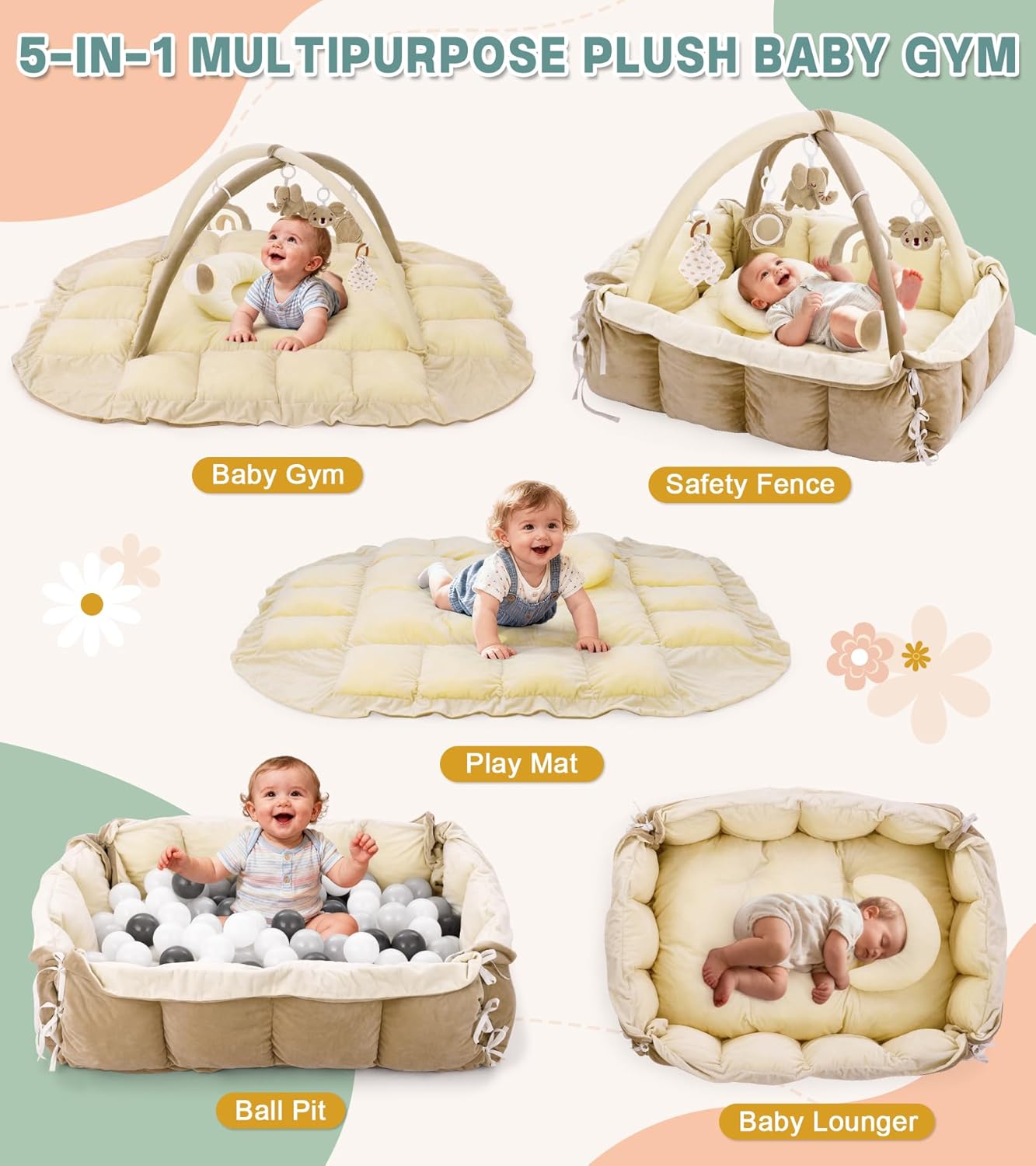 5-in-1 Baby Play Gym and Tummy Time Mat, Tummy Time Pillow & 12 Learning Cards, Plush Activity Mat with 6 Toys, Baby Gym, Convertible to Ball Pit & Pet Bed, Baby Gift, Cream
