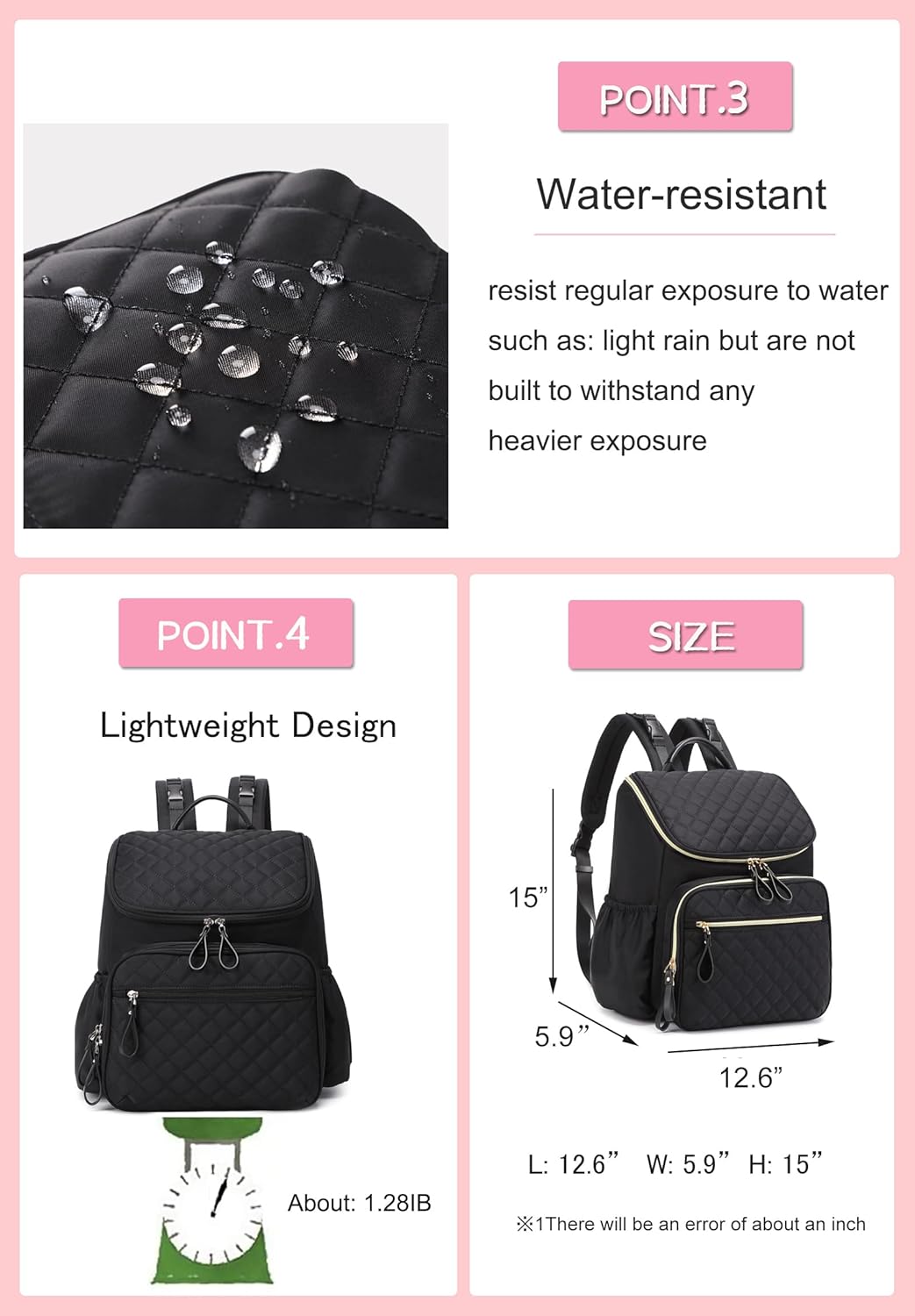 Large Capacity Diaper Bag Backpack with Stroller Buckle, Water-Resistant Travel Baby Bag with Insulated Pockets (Classic, Pink)