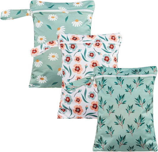Happy Flute 3 Set Wet Bag Storage Bag Zipper Waterproof Washable Travel Bags, Beach, Pool, Gym Bag for Cloth Diaper, Swimsuits & Wet Clothes for Baby,11.8x15.7inch (Daisy)
