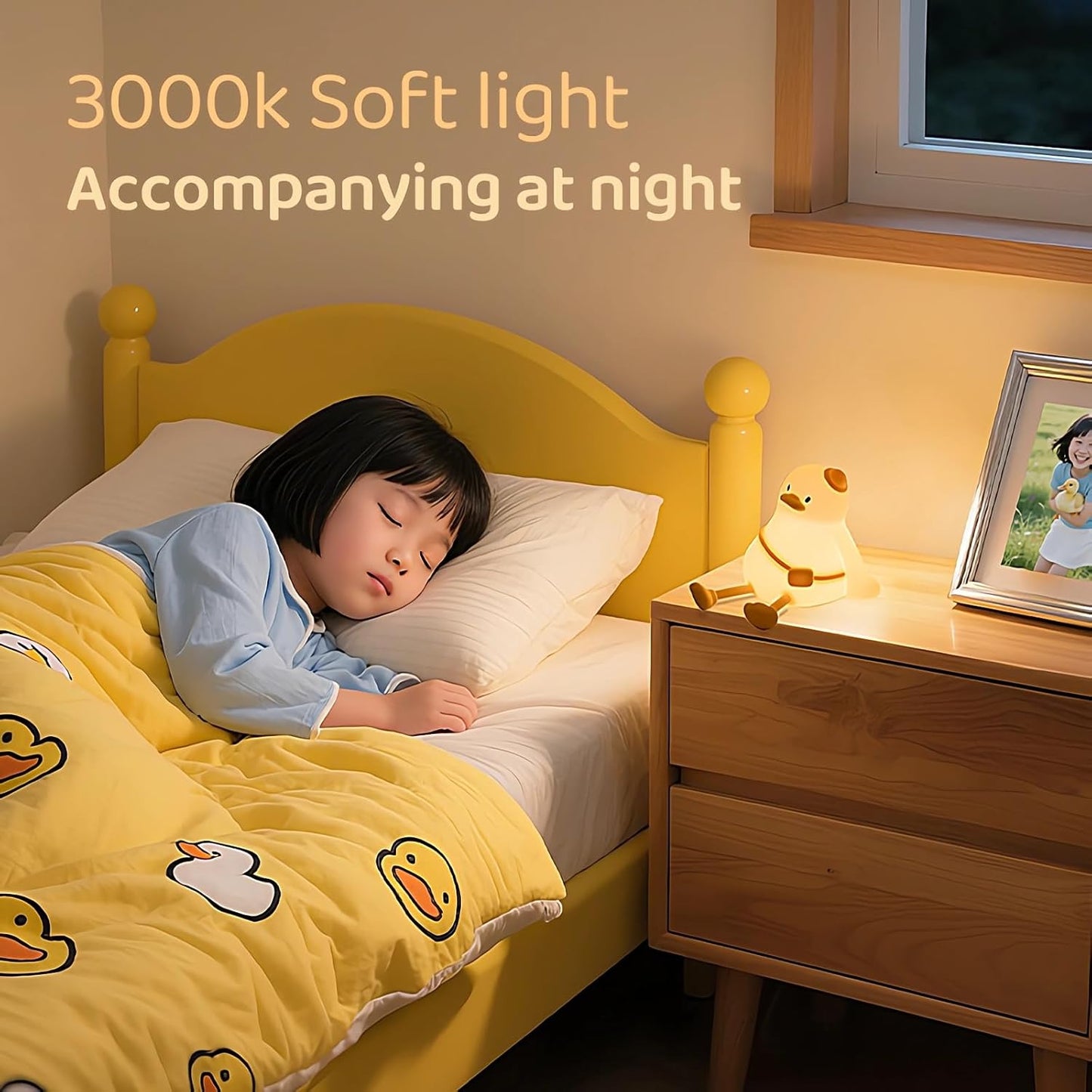 Relaxed Duck Night Light for Kids, 3-Level Dimmable USB Rechargeable Lamp with Timer, Soothing Animal Toy for Nursery Bedroom Dorm Decor, Gift for Boys Girls Teens Adults