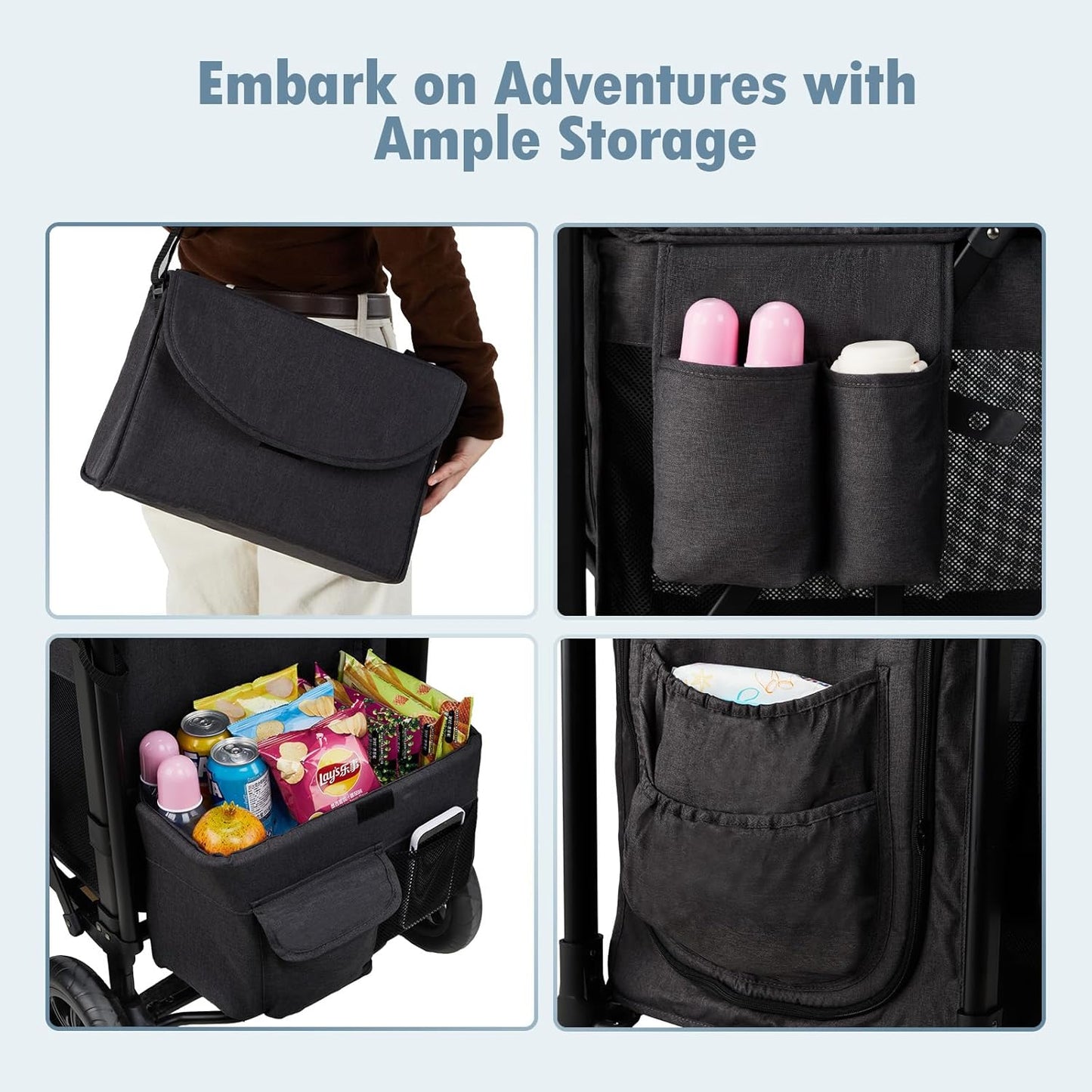 Wagon Stroller for 2 Kids, High Seat & 5 Point Harness, Foldable All-Terrain Wagon for Toddler with Canopy, Parent Organizer, Shoulder Bag, Adjustable Handlebar, Ultimate Double (Black)