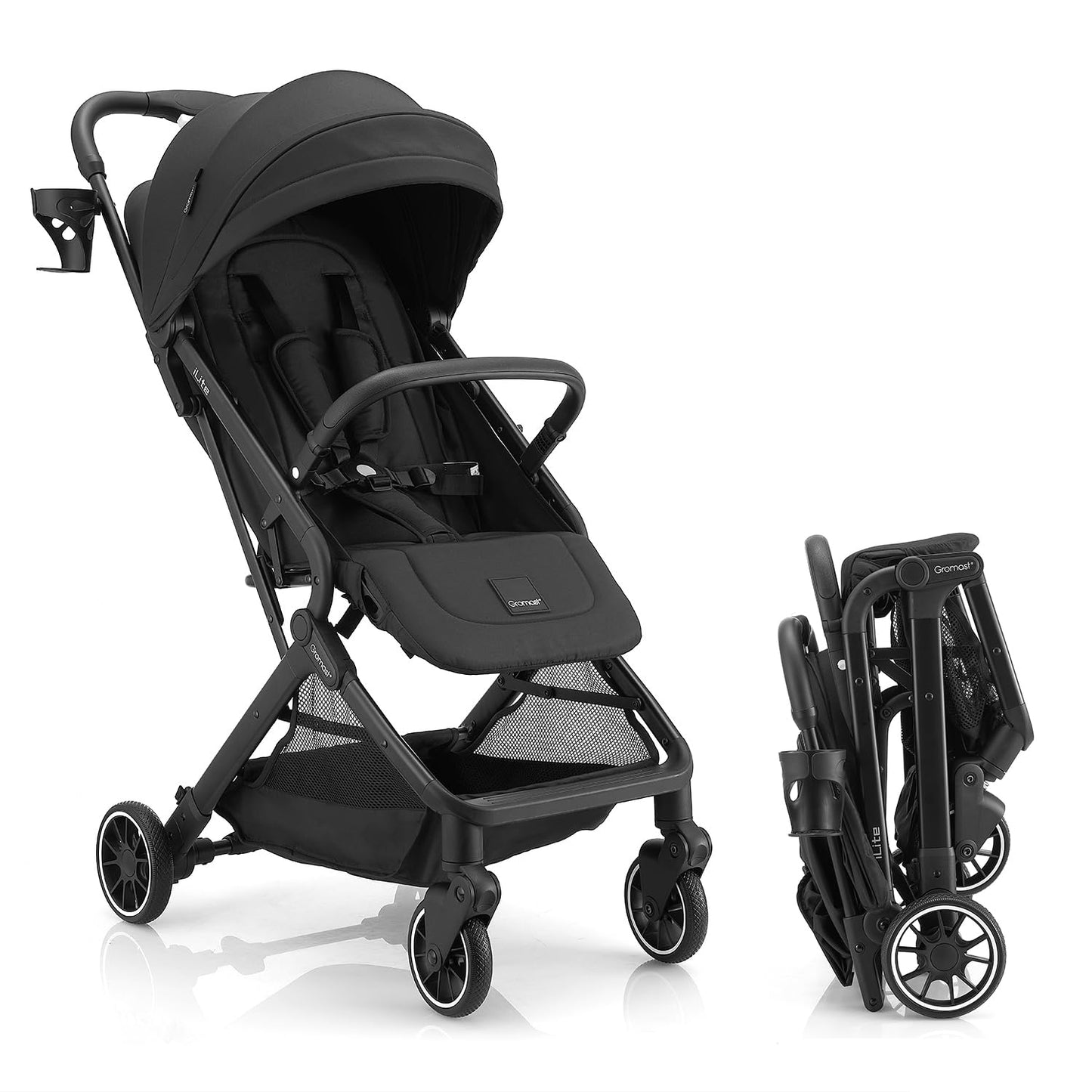 Compact Fold Baby Stroller, Lightweight Travel Toddler Stroller with One-Click Fold, Extendable UPF50+ Canopy, Cup Holder, UV Protected and Waterproof, One-Hand Folding - Black