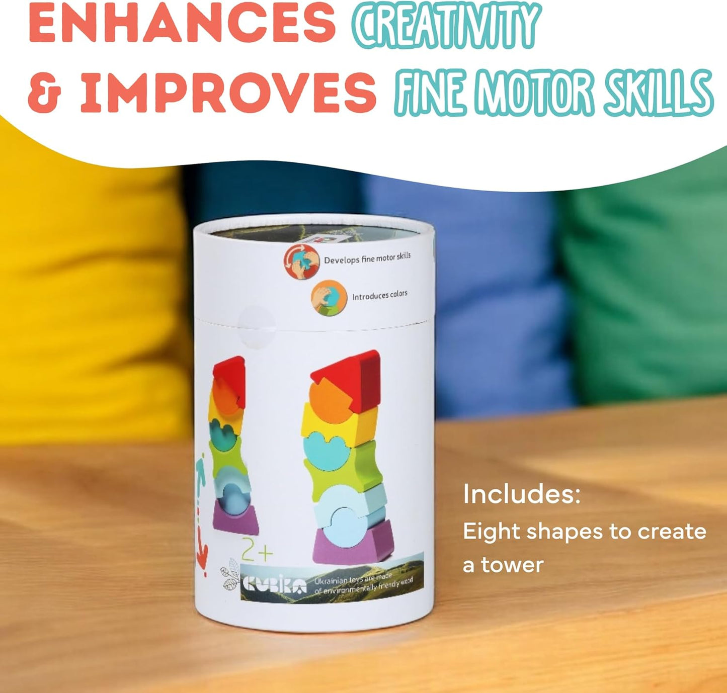 CUBIKA Flexible Tower Wooden Toy– Montessori Puzzle for Toddlers Ages 3+– Size and Shape Sorting Kids Stacking Toy– FSC-Certified Wood, German Water-Based Paints, Travel-Friendly