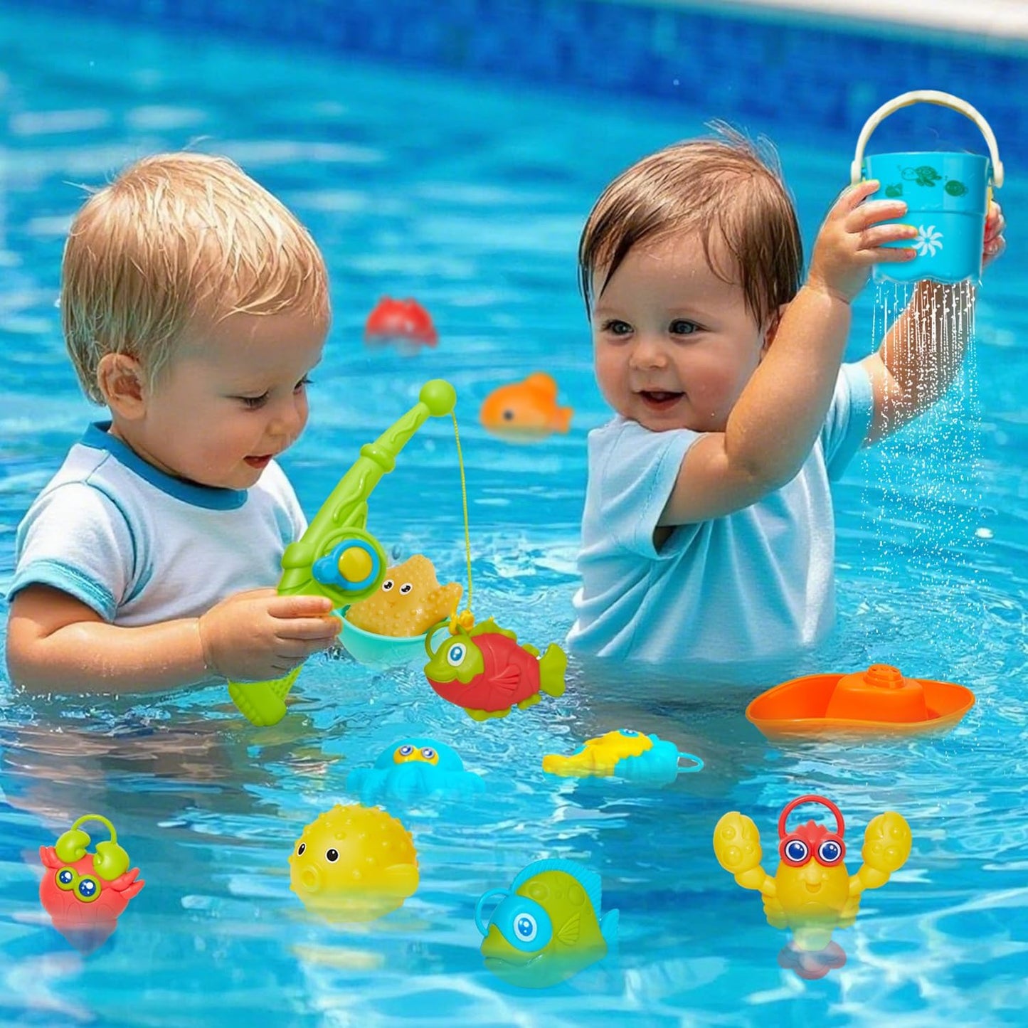 Toddler Bath Toys for Babies, 26 Pcs Mold Free Bathtub Toys with Fishing Rod Floating Boats Spoons Bucket No Hole Sea Animals and Storage Bag, Water Table Pool Toys for Toddlers and Kids