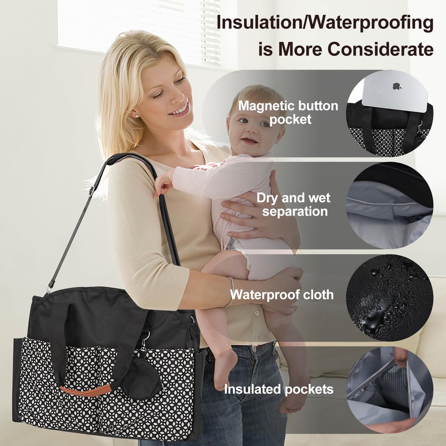 Diaper Bag Tote, Large Capacity Travel Diaper Baby Bags Crossbody Hospital Mom Bag，with Silicone Pacifier Case