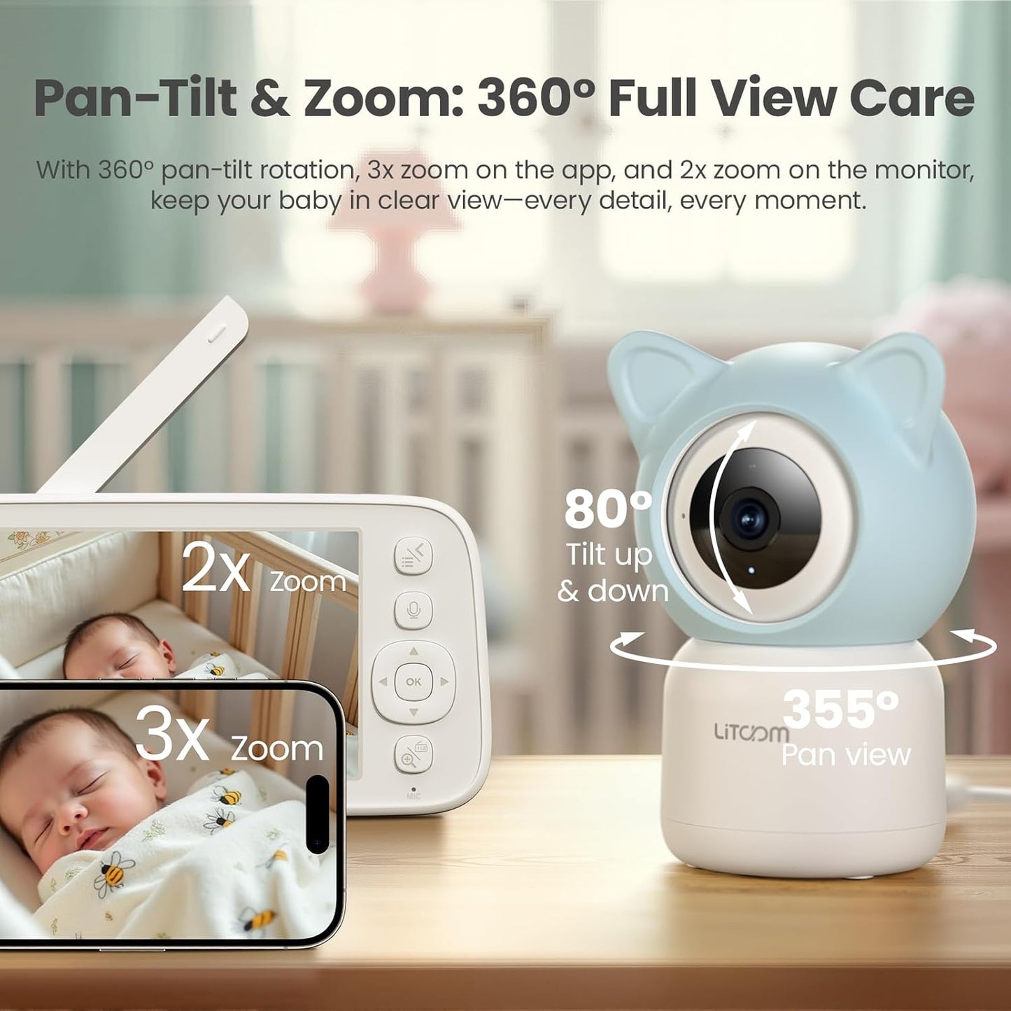 litokam 4MP Baby Monitor with Camera and Audio, 5-inch 1080P Split-Screen, No WiFi & 5G/2.4G WiFi, Remote Pan-Tilt-Zoom, Night Vision, VOX, Temperature Sensor, 2-Way Talk, 7 Lullabies, 1000ft Range